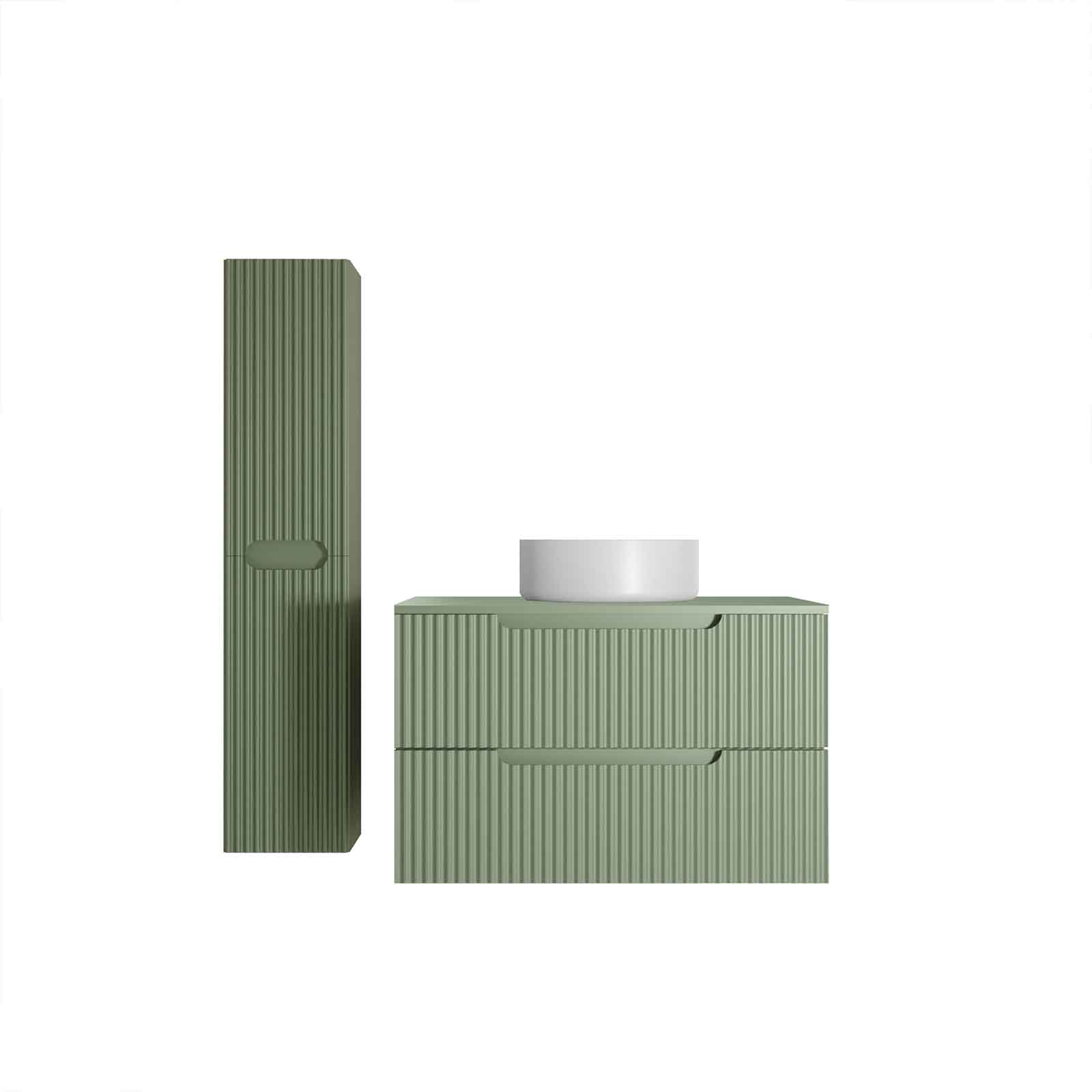 Meuble et colonne de Salle de Bains LEON 80cm Vert Olive - Façades Ondulées - Vasque Ronde 36cm - 3