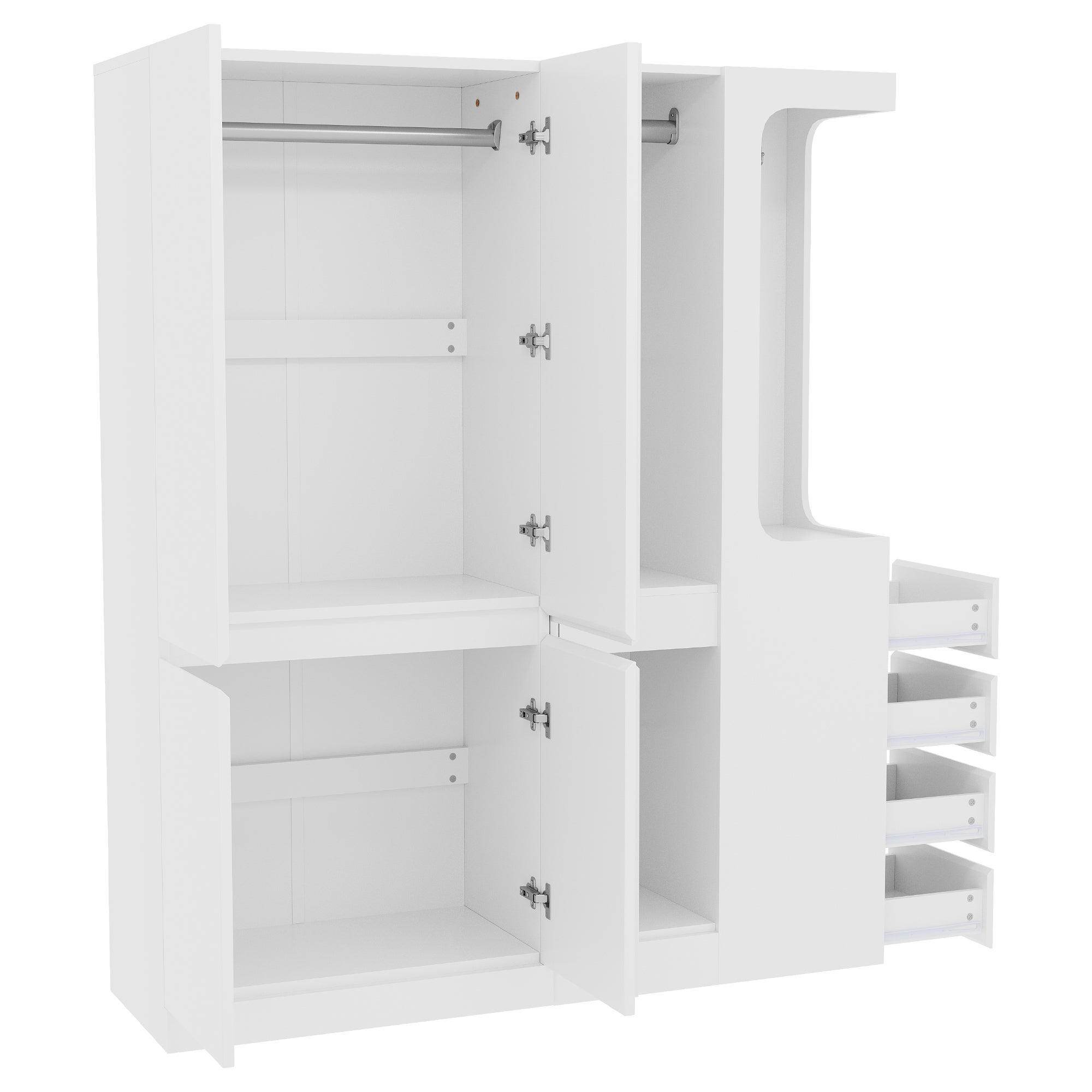 Armadio Multiuso con 6 ante e asta appendiabiti 140 x 40 x 170 cm,armadio guardaroba con 4 cassetti e ganci,aperto,salvaspazio,bianco (Lato destro) - 8