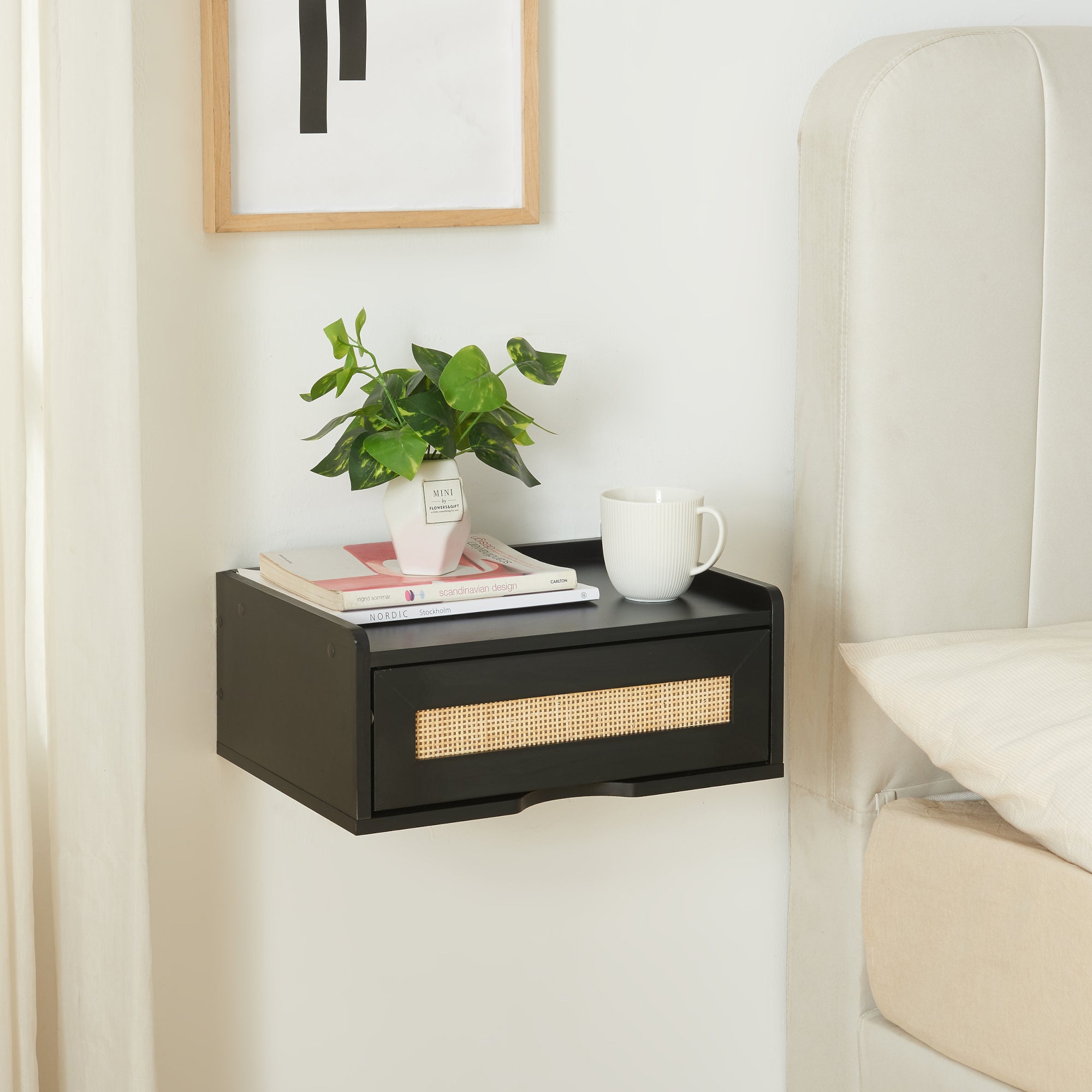 Set 2 Mensole Con Cassetto In Bambù Nero - 40x24x8 Cm, Per Parete, Comodini Sospesi, Carico Max 5 Kg