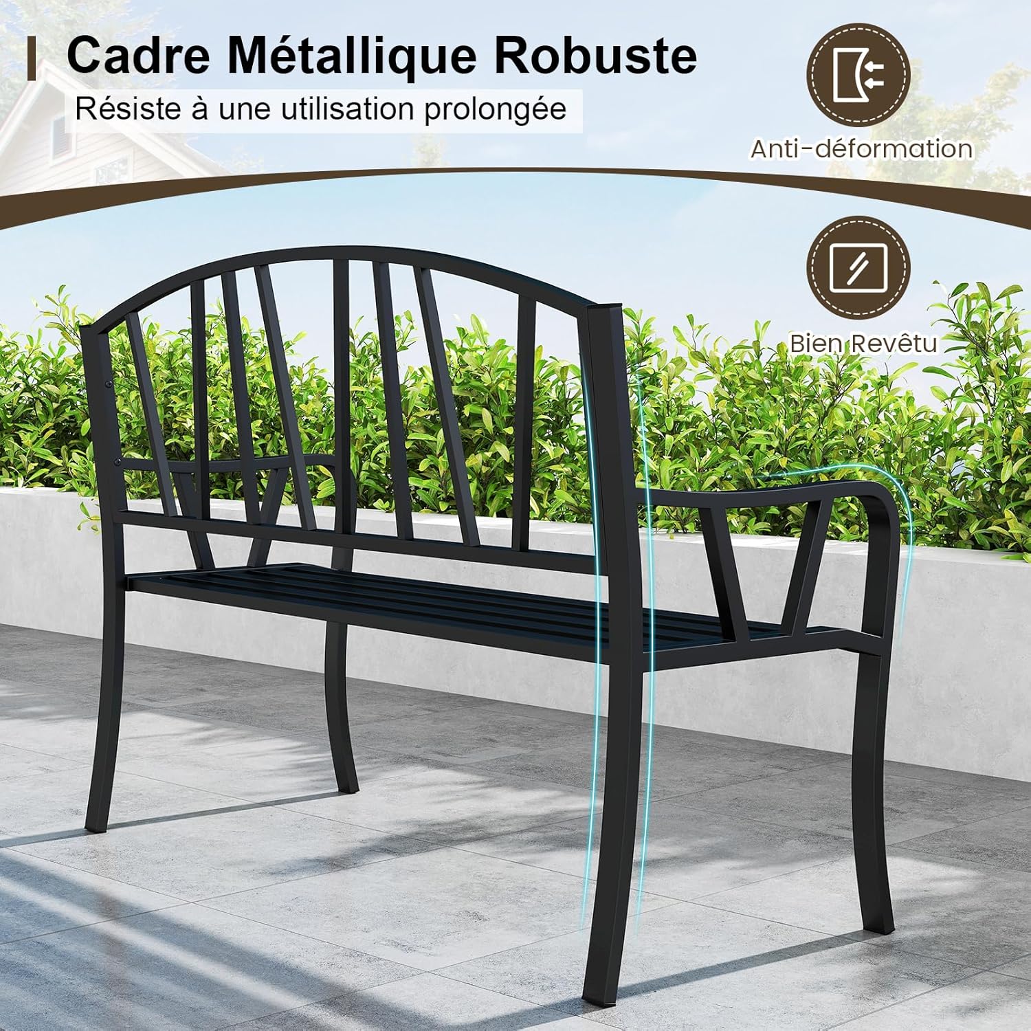 Banc de Jardin Extérieur 2-3 Places Charge 300KG avec Cadre en Métal Antirouille 129x53x93cm Noir - 3