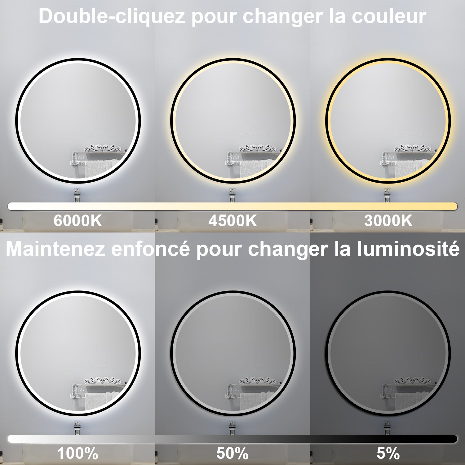 Miroir lumineux de salle de bain avec Bluetooth Rond 90cm， Horloge + 3 Couleurs + Dimmable + Anti-Buée, Noir Cadre Non-Métallique - 4