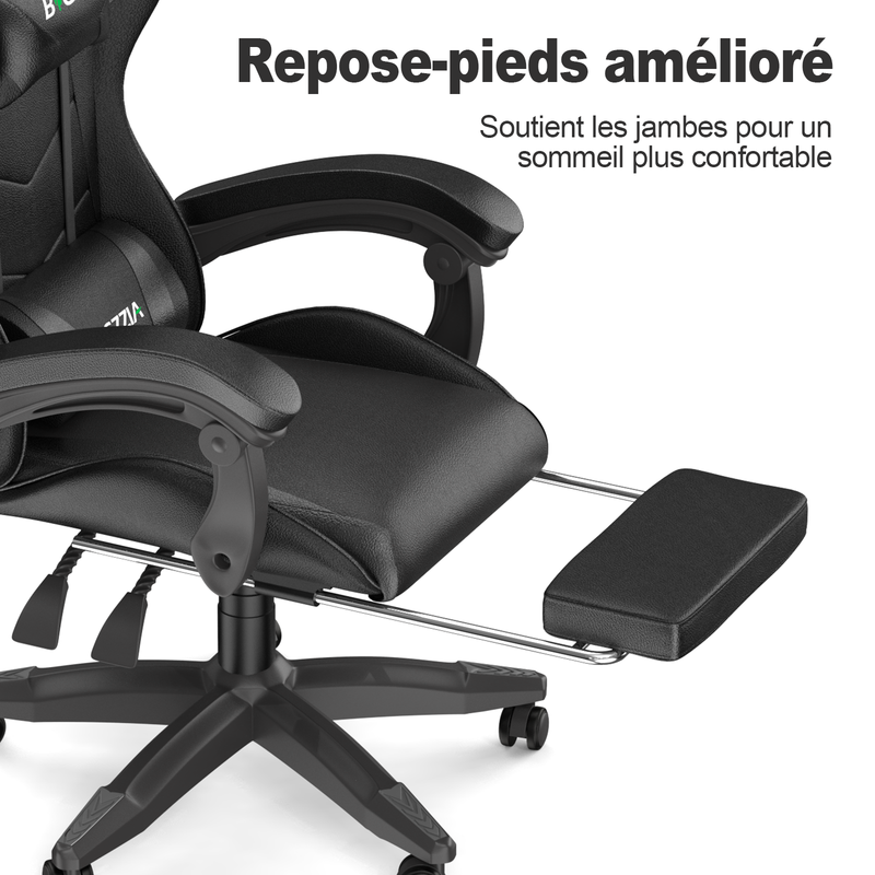 Sedia da ufficio, sedia da gioco ergonomica RATTANTREE in similpelle, altezza regolabile, con poggiatesta e supporto lombare, poggiapiedi, nera - 7