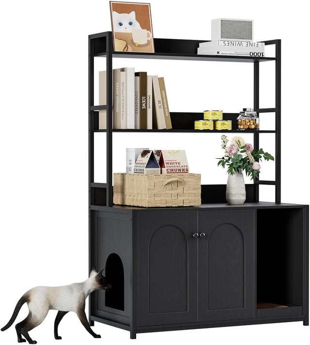 Caixa de areia para gatos, móvel de areia, casa de banheiro para gatos com estrutura metálica 40x30x170 cm - Preto