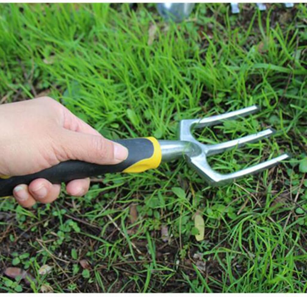 Fourche de jardin manuelle à 3 dents, 2 pièces, alliage d'aluminium, manche antidérapant, argent - 5