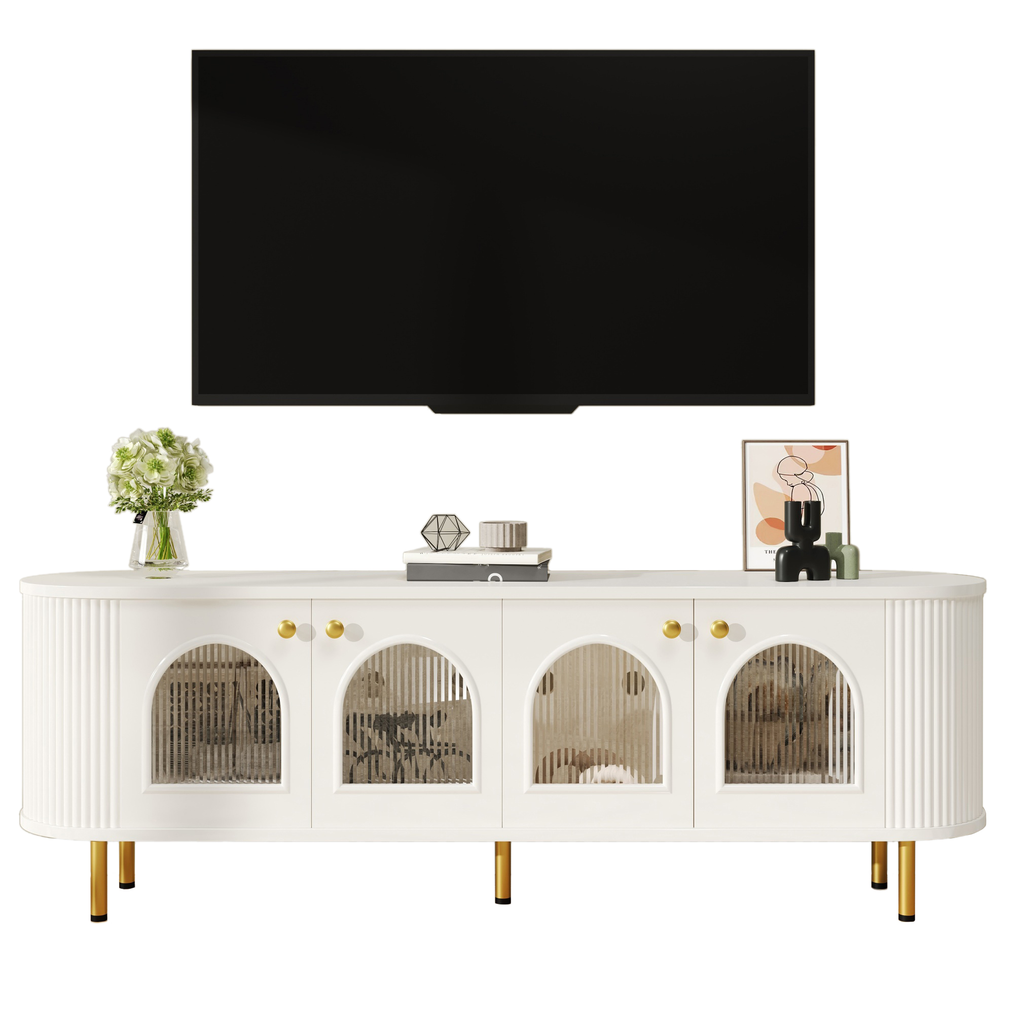 TV-Schrank Lowboard z Drzwiami Szkłanymi - Białe z Złotymi Dziećmi i Ręczkami - MDF - 170x35x55 cm