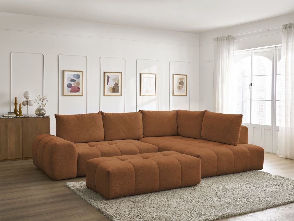 Canapé d'angle L convertible coffre EVEREST tissu chiné avec pouf ...