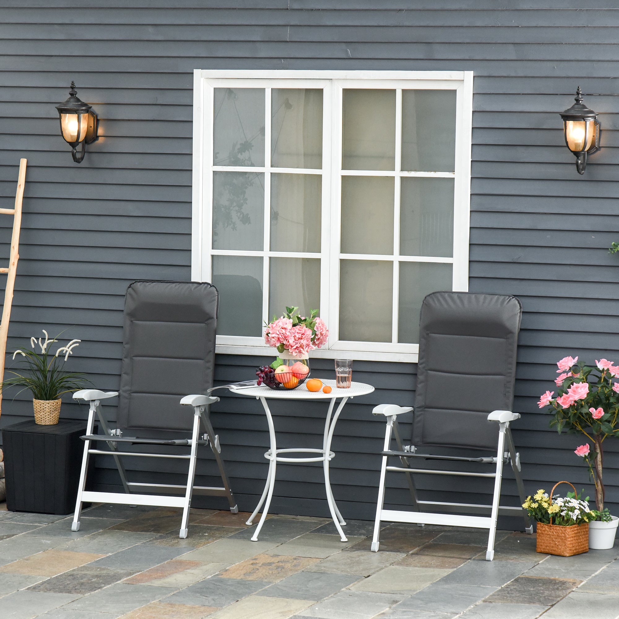 Lot de 2 chaises de jardin pliantes fauteuil d'extérieur avec dossier haut inclinable multipositions accoudoirs - 4