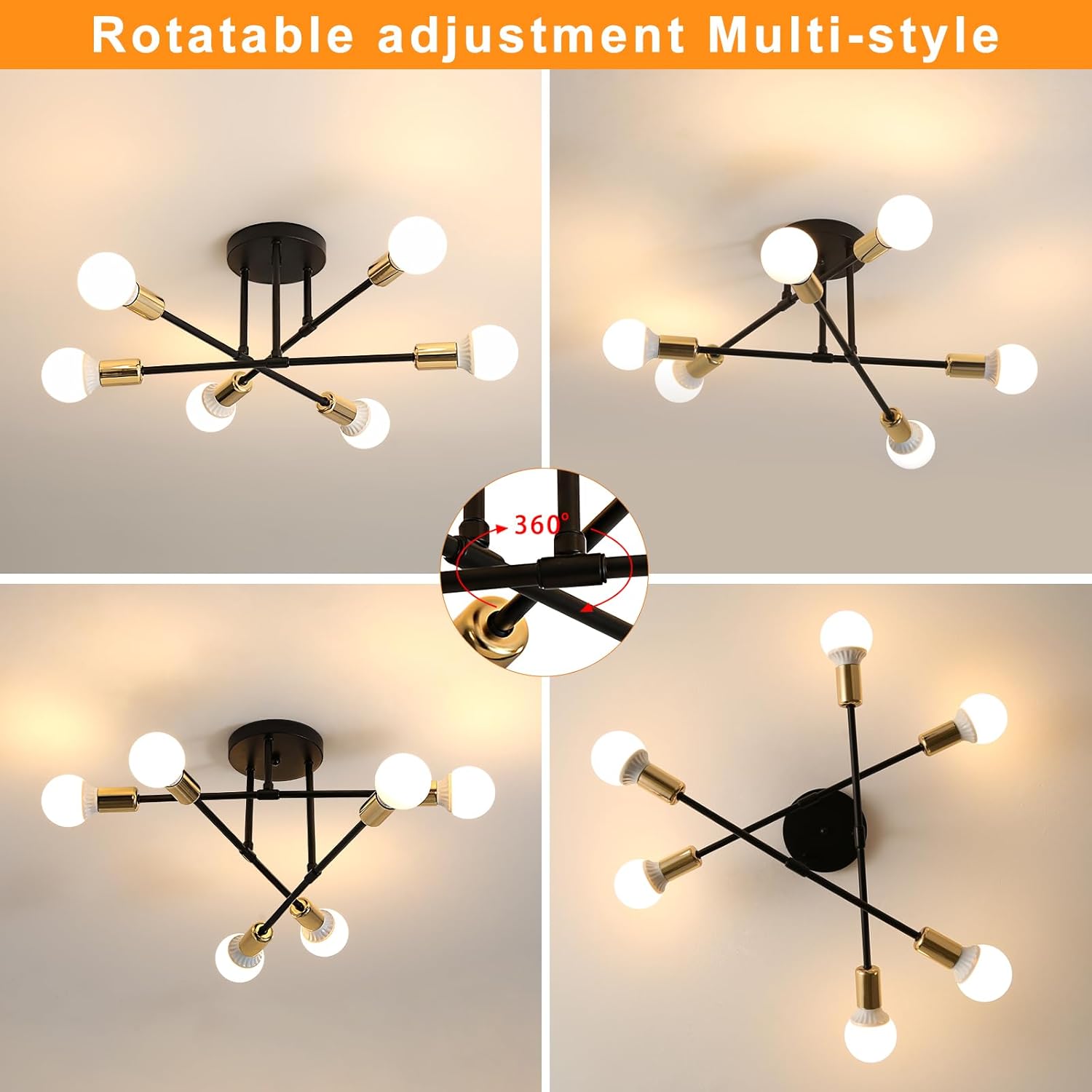 GOECO Plafonnier salon industriel,Luminaire salon,Lustre Vintage Industriel à 6 Lumières avec Douilles E27 pour,Idéal pour salon, chambre et cuisine - 4