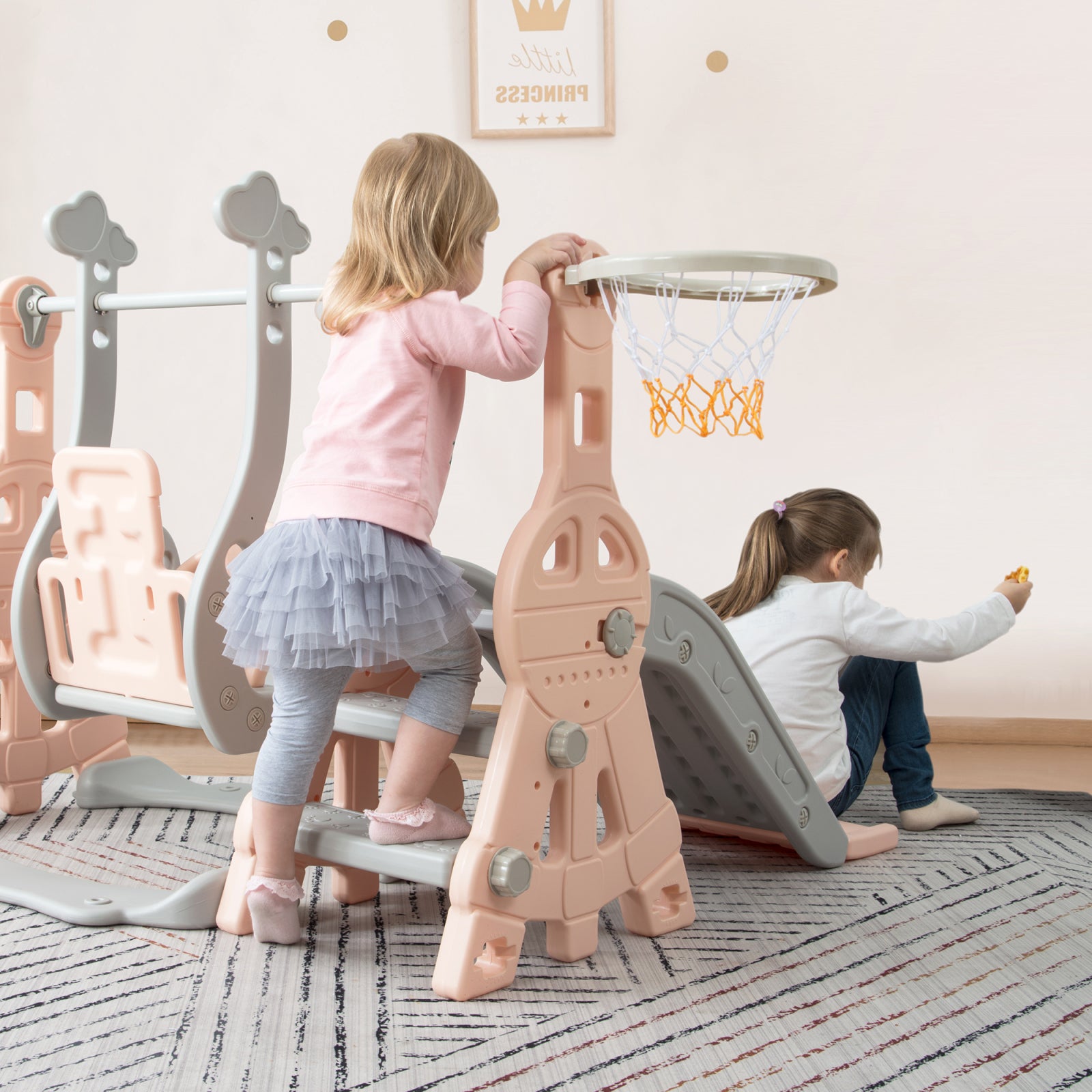 Toboggan pour Enfant 4 en 1 avec Panier de Basket,Enfant Balançoire Toboggans, échelle d'escalade, Aire de Jeux Intérieure et Extérieure, Rose - 8
