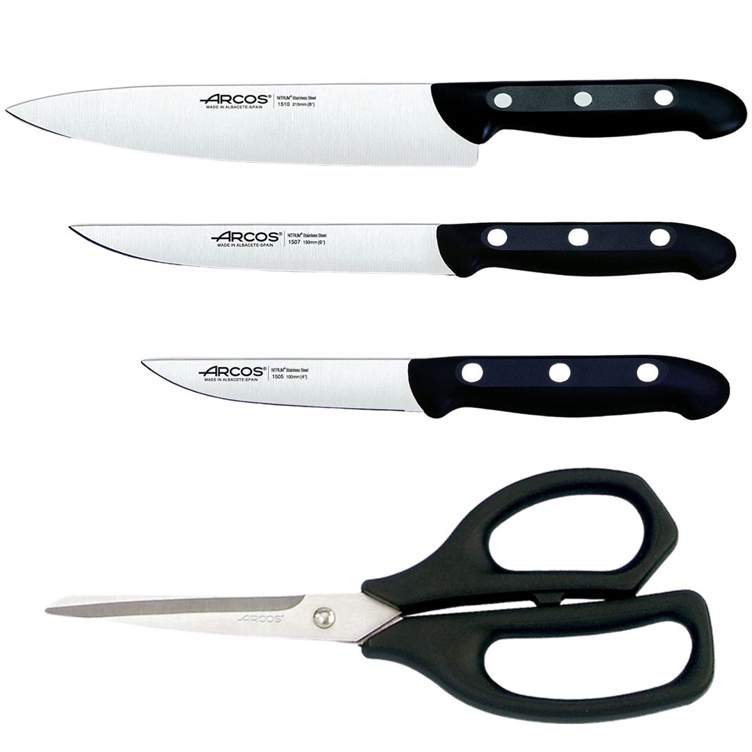 Arcos Juego Cuchillo De Cocina 4 Piezas, (3 Cuchillos + 1 Tijeras) Hoja De Acero Inoxidable Nitrum 80 Mm, Mango Polipropileno Negro Acero Inoxidable, Leroy Merlin