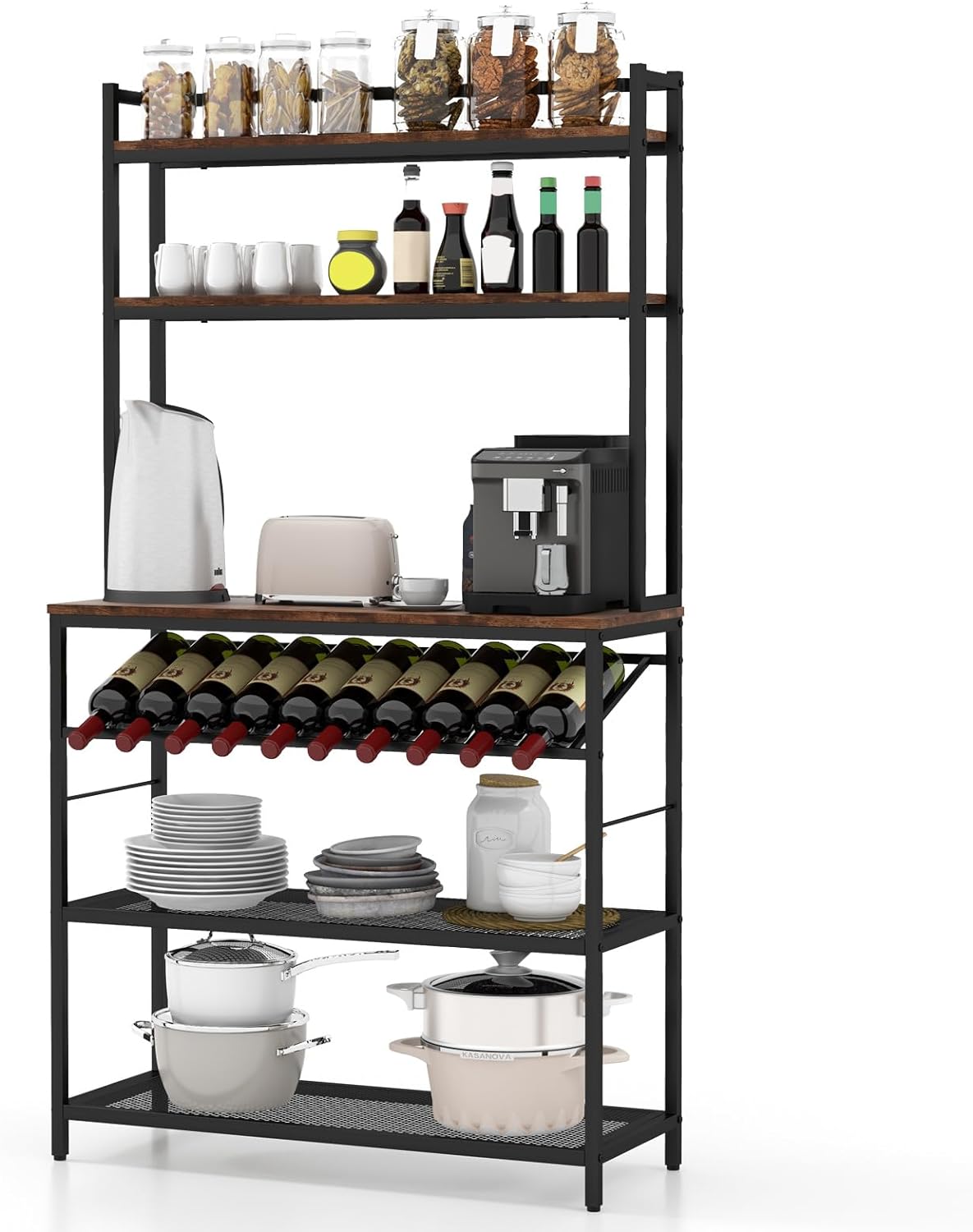 6-poziomowy Regał Kuchenny, Wolnostojący Stojak na Kuchenkę Mikrofalową, Pochylony Uchwyt na Butelki Wina, 2 Regały z Siatki, Brązowa