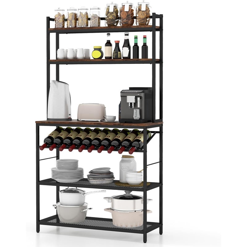 6-poziomowy Regał Kuchenny, Wolnostojący Stojak na Kuchenkę Mikrofalową, Pochylony Uchwyt na Butelki Wina, 2 Regały z Siatki, Brązowa