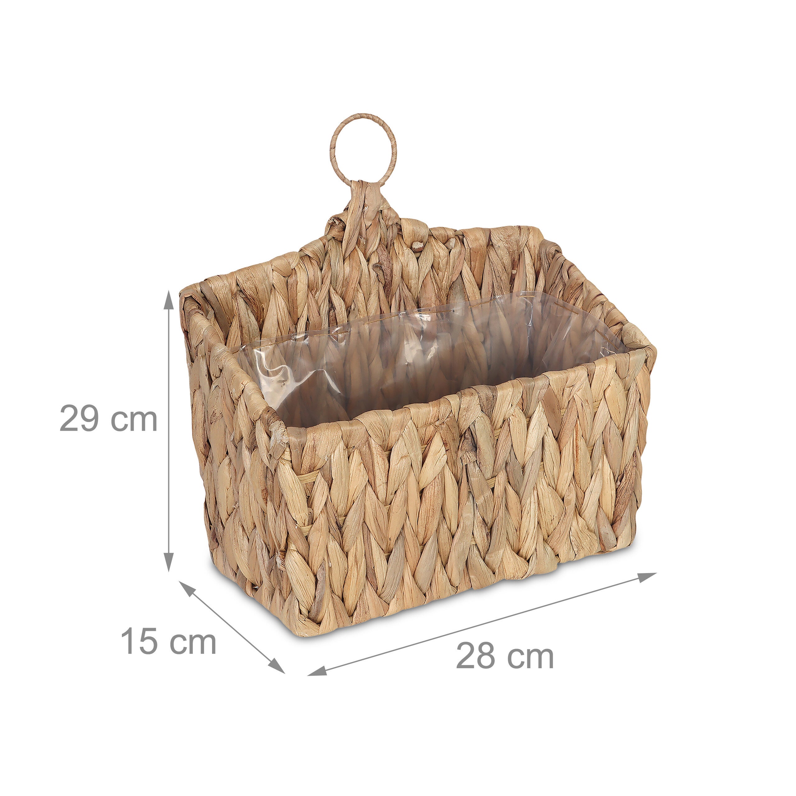 Panier suspendu tressé en jacinthe d'eau pour plantes, 29x28x15 cm, avec film et anneau, naturel, relaxdays - 4