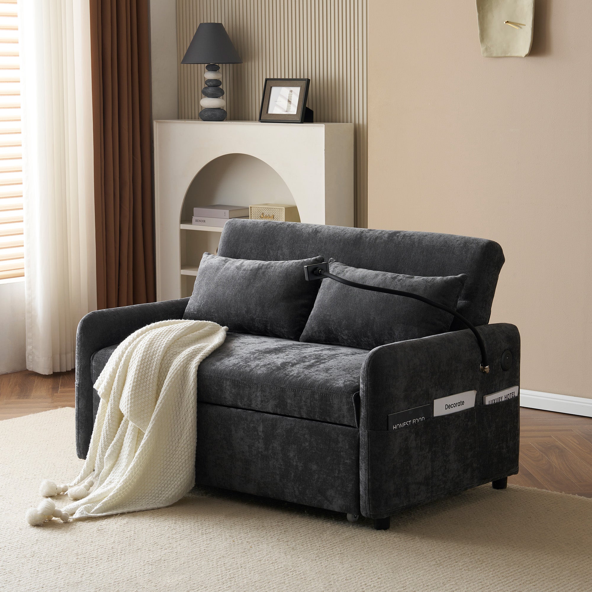 Canapé convertible 2 places avec dossier réglable - Support et prise USB - Tissu chenille - Fonction sommeil - Gris - 3