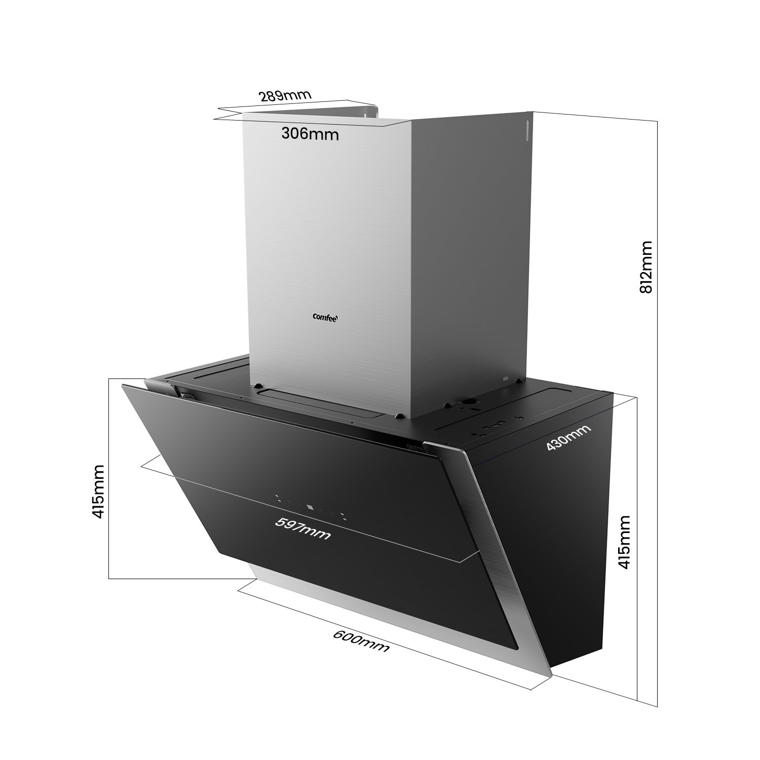 COMFEE Hotte Aspirante Inclinée 60cm - 800m³/h - Hotte de Cuisine - Classe A++ - Commandes Gestuelles - 4 vitesses - 2 Filtres à Charbon - Verre Noir - 9