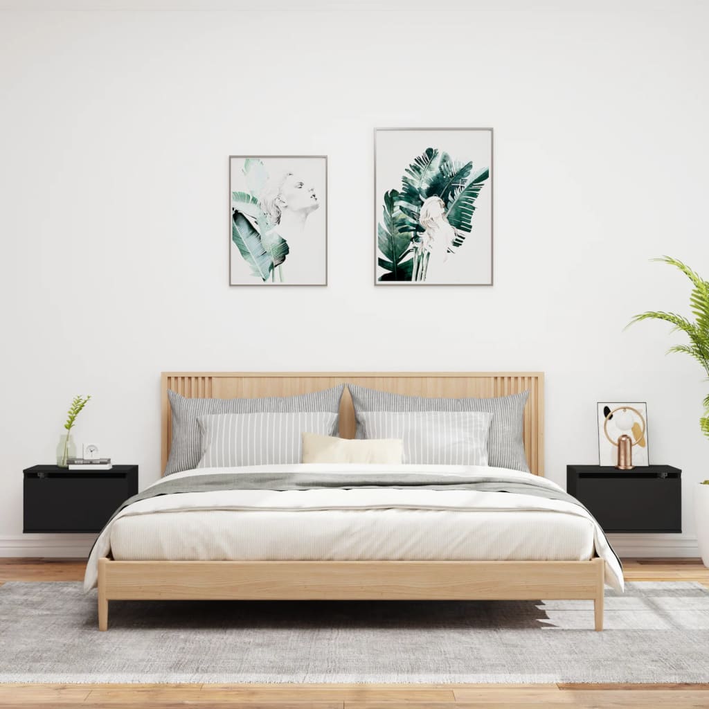 Mesitas de noche de pared con luces LED 2 piezas negro - 2