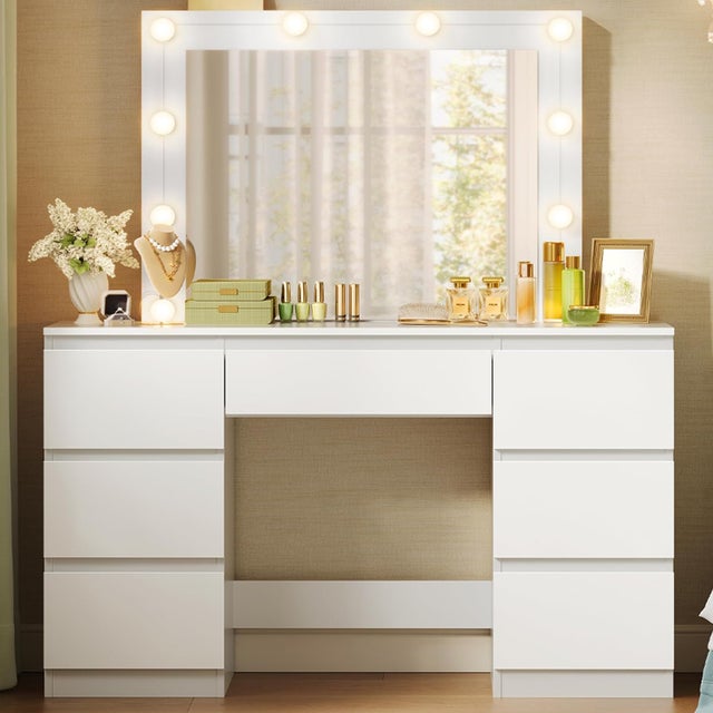 Coiffeuse avec miroir LED en Bois Blanc H. 140.5 x l. 39.5 x P. 39.5 cm
