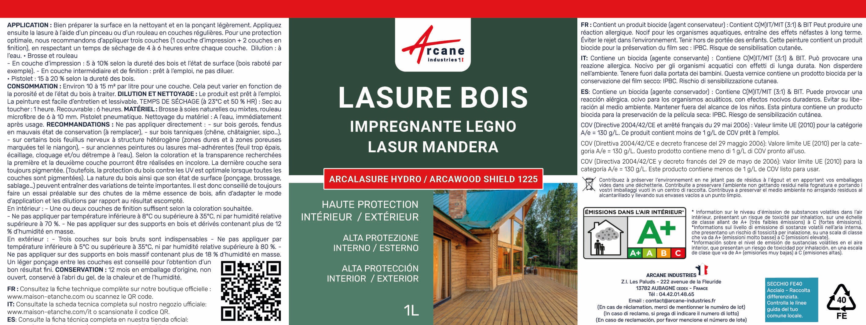 Lasure bois extérieur, intérieur - 13 teintes : ARCALASURE HYDRO Incolore - 1 L - ARCANE INDUSTRIES - 5