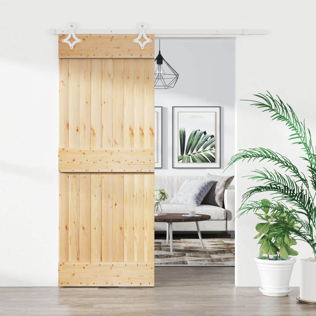 Porta Scorrevole In Legno Di Pino Massiccio – 90x210 Cm, Kit Ferramenta Incluso, Guida In Acciaio, Design Rustico Per Interni