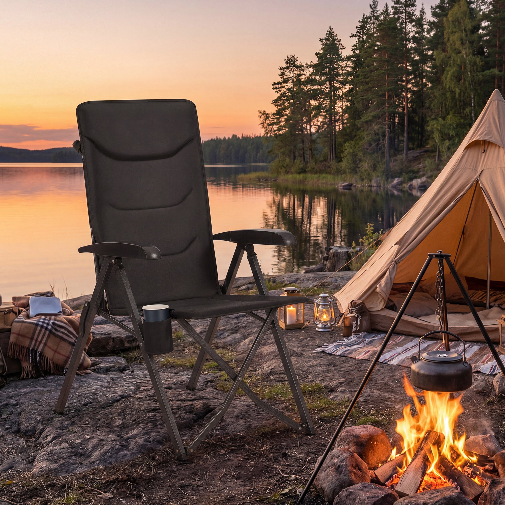 Chaise de Camping, Dossier Réglable 95°-150°, Porte-Gobelet, Sac de Transport, Pêche, Jardin, Noir - 2