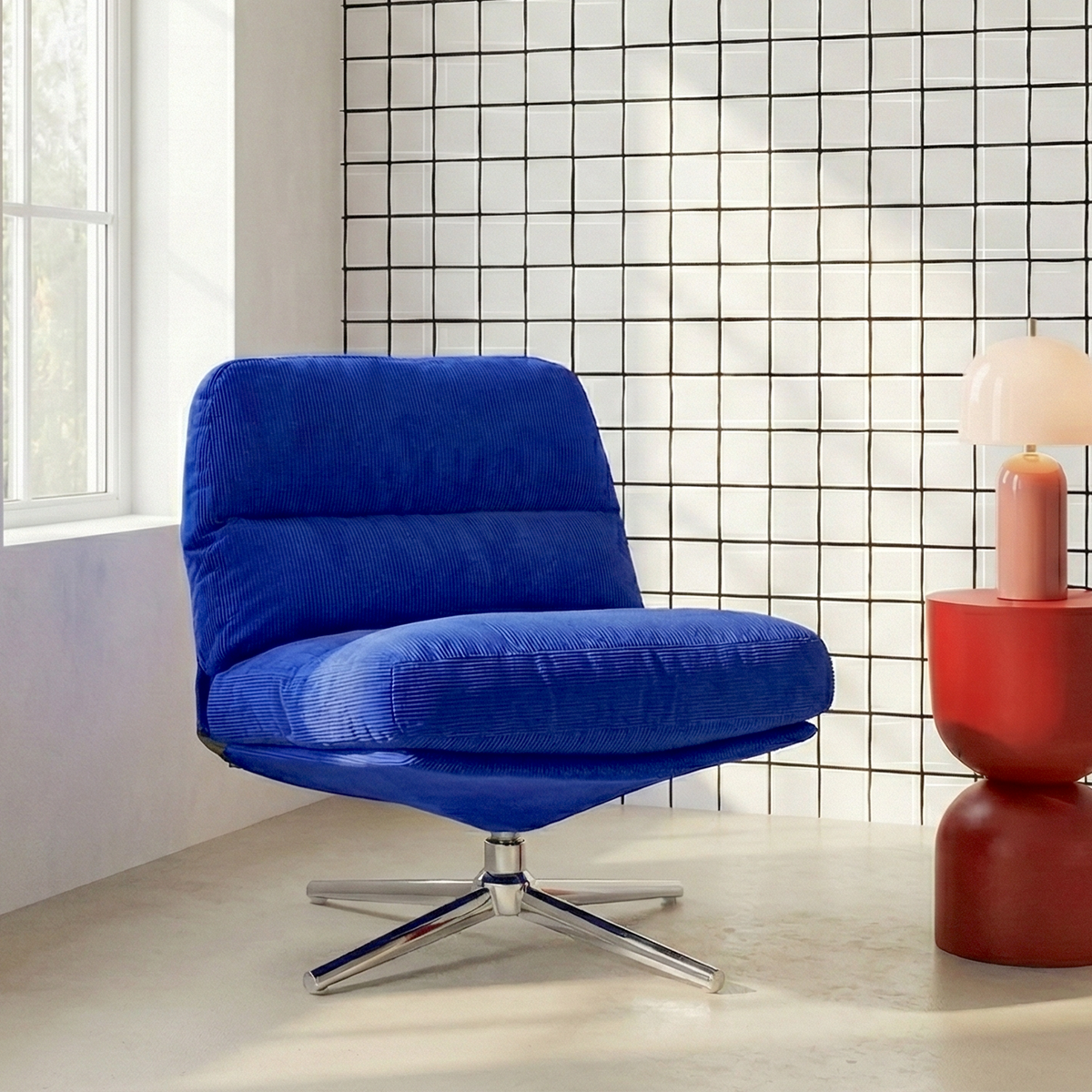 Fauteuil pivotant en velours côtelé bleu électrique et piètement chromé - Julia - 2