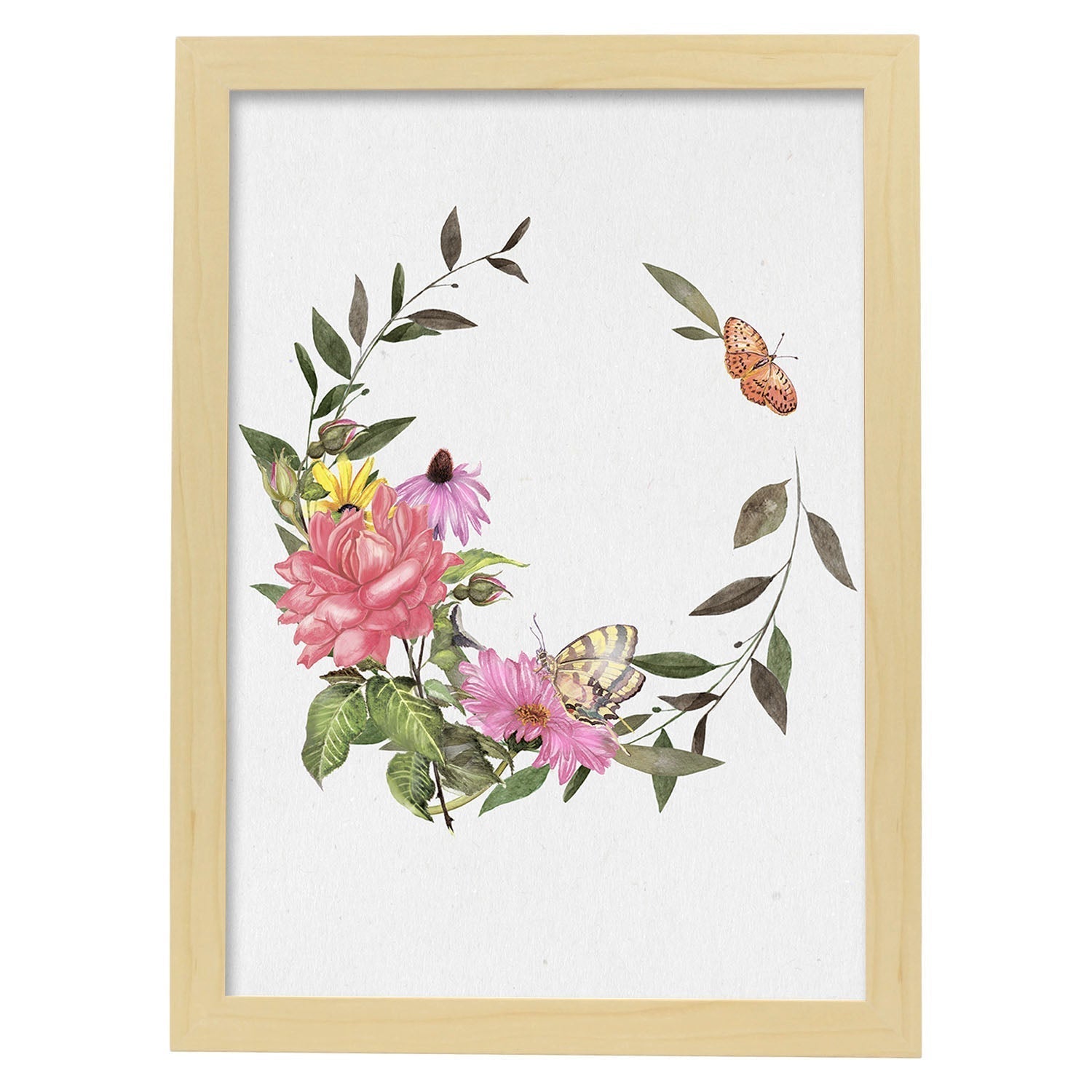 Poster de coronas florales. lamina corona floral mariposas, ilustrada con disenos de flores, plantas, y animales. marco blanco a3