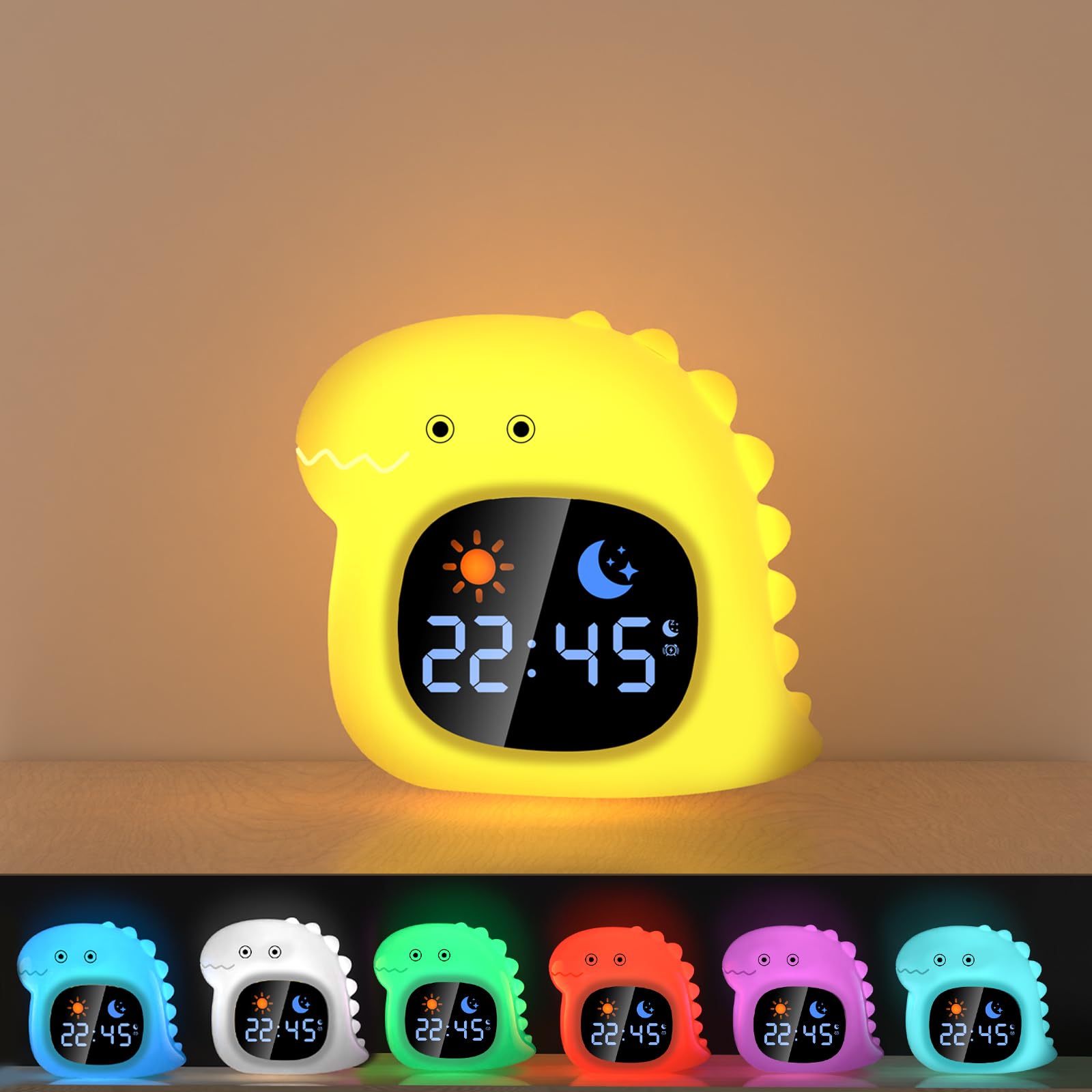 Budzik dla dzieci, 8 kolorów światła RGB, 1800 mAh, funkcja drzemki, 6 szumów białych