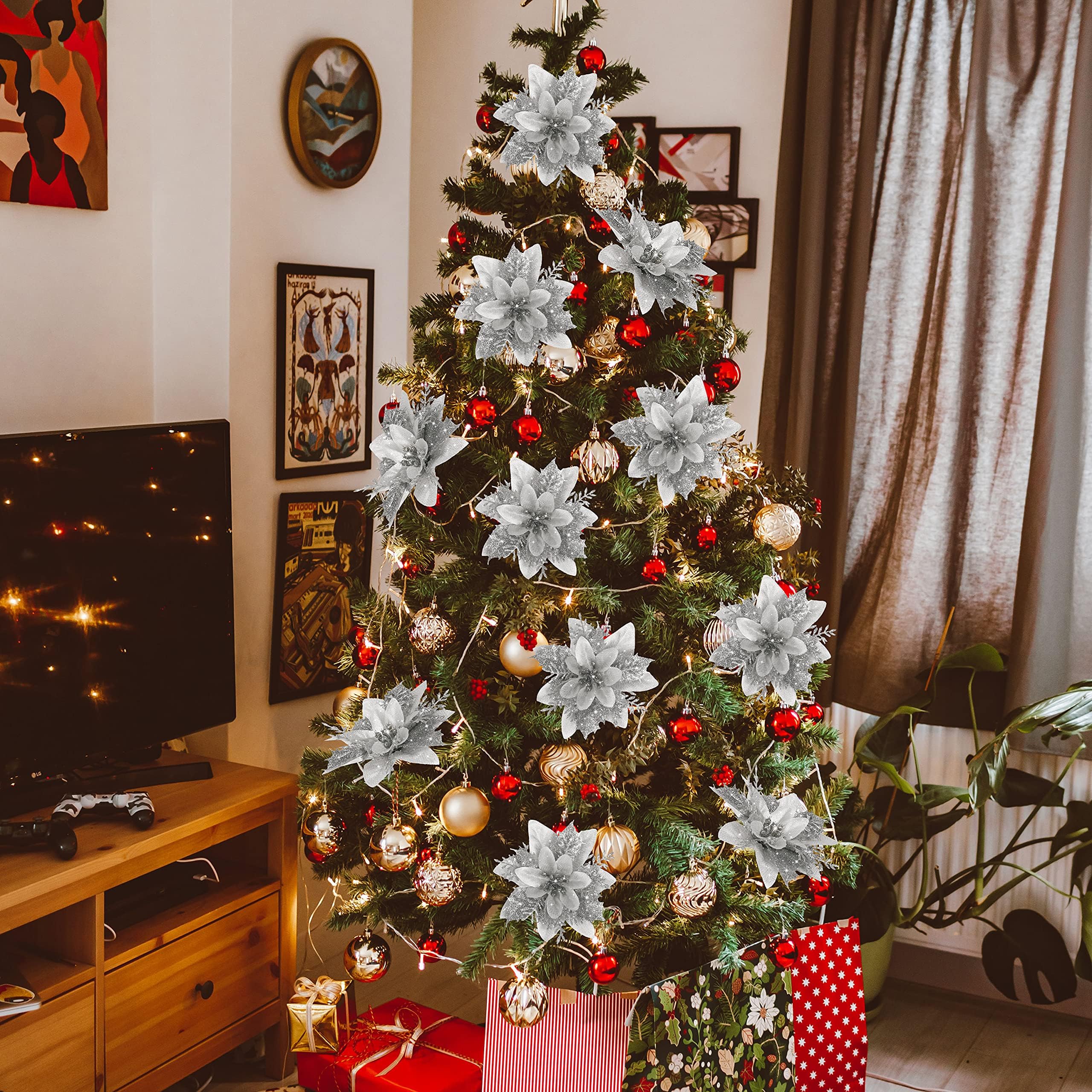 10 pièces décorations de noël, fleurs de noël artificielles avec clips, guirlande d'arbre de noël scintillante pendentifs de fleurs artificielles - 5