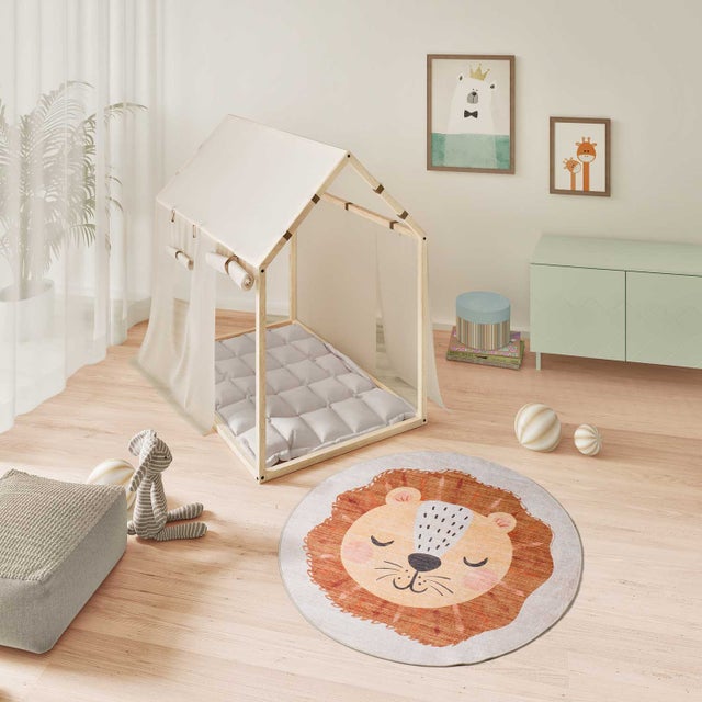 Tapis intérieur lavable rouille rond diam.120 cm CANDY enfant lion - ATTICGO