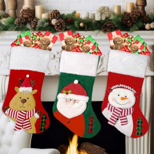 Set 3 Calze Di Natale Da Appendere – 46 Cm, In Tessuto, Con Motivi Babbo Natale, Pupazzo Di Neve E Renna