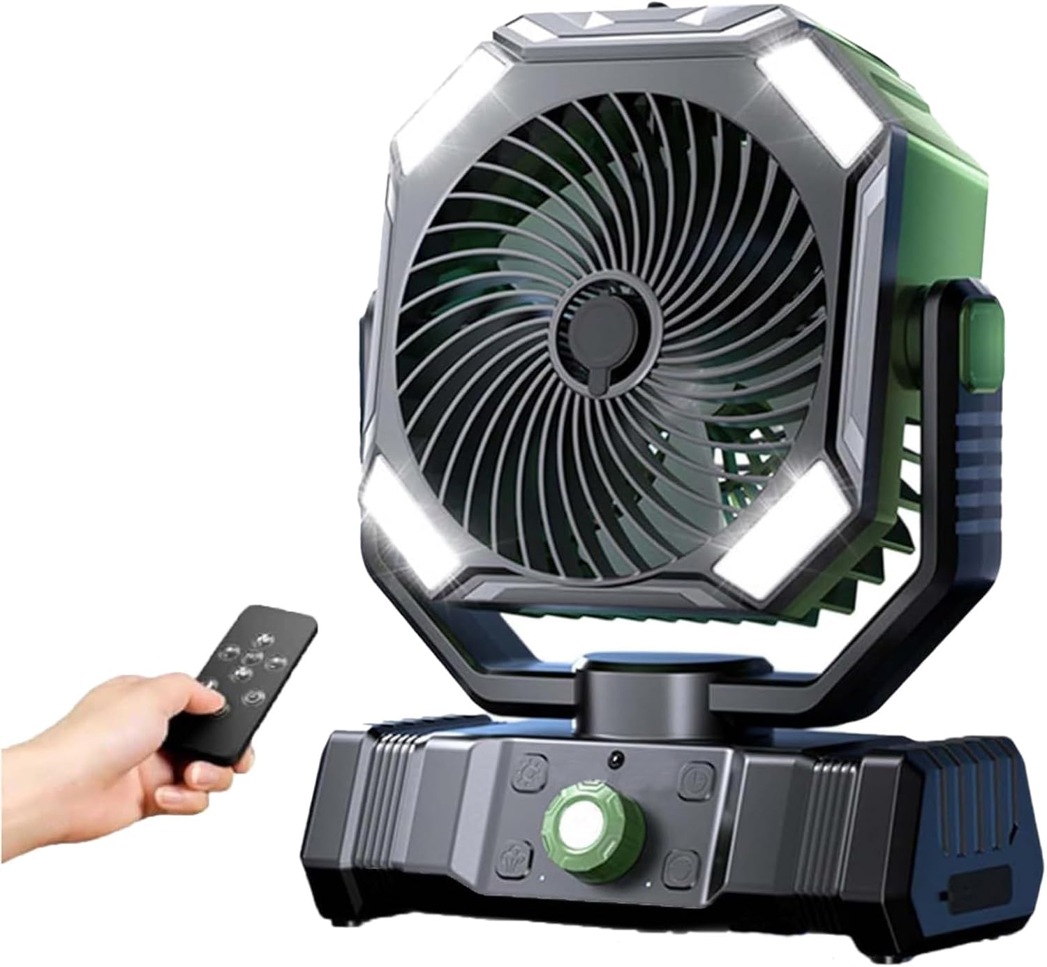 Wentylator kempingowy, bardzo długi czas pracy na baterii, ładowany przez USB, z pilotem, 4 prędkości, z timerem (zielony)