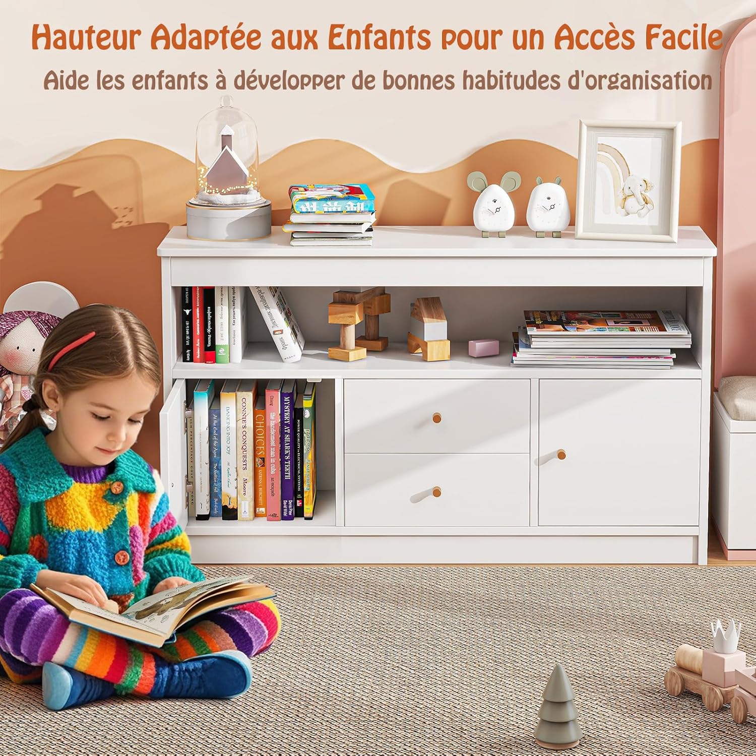 Organizador de Arrumação, Cómoda para Brinquedos Infantis, 2 Gavetas, 2 Armários Fechados, 1 Compartimento Aberto para Quarto, Escritório (Branco) - 4
