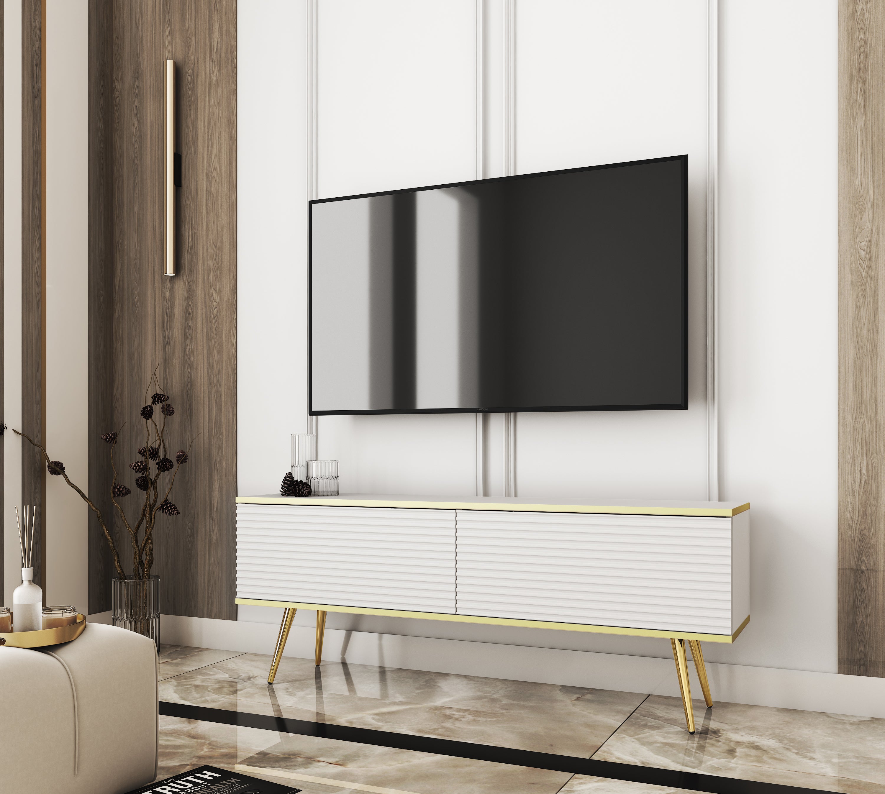Stolik pod TV z beżowymi listwami, czarne nogi, 135 x 30 x 52 cm, otwierany na wcisk - 2