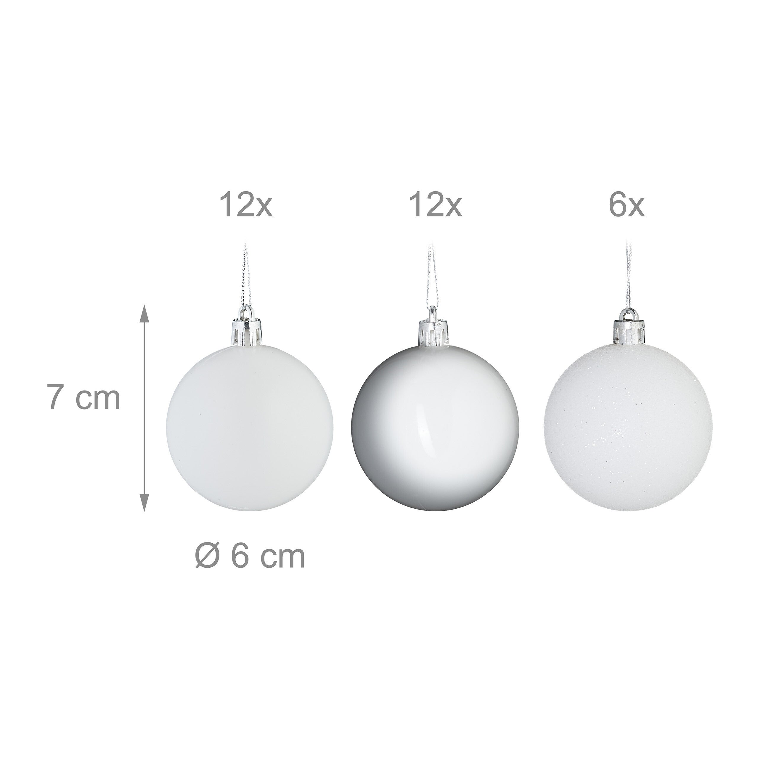 Conjunto de 30 bolas de Natal redondas para árvore, em plástico inquebrável, 7 x ø 6 cm, brancas, Relaxdays - 4