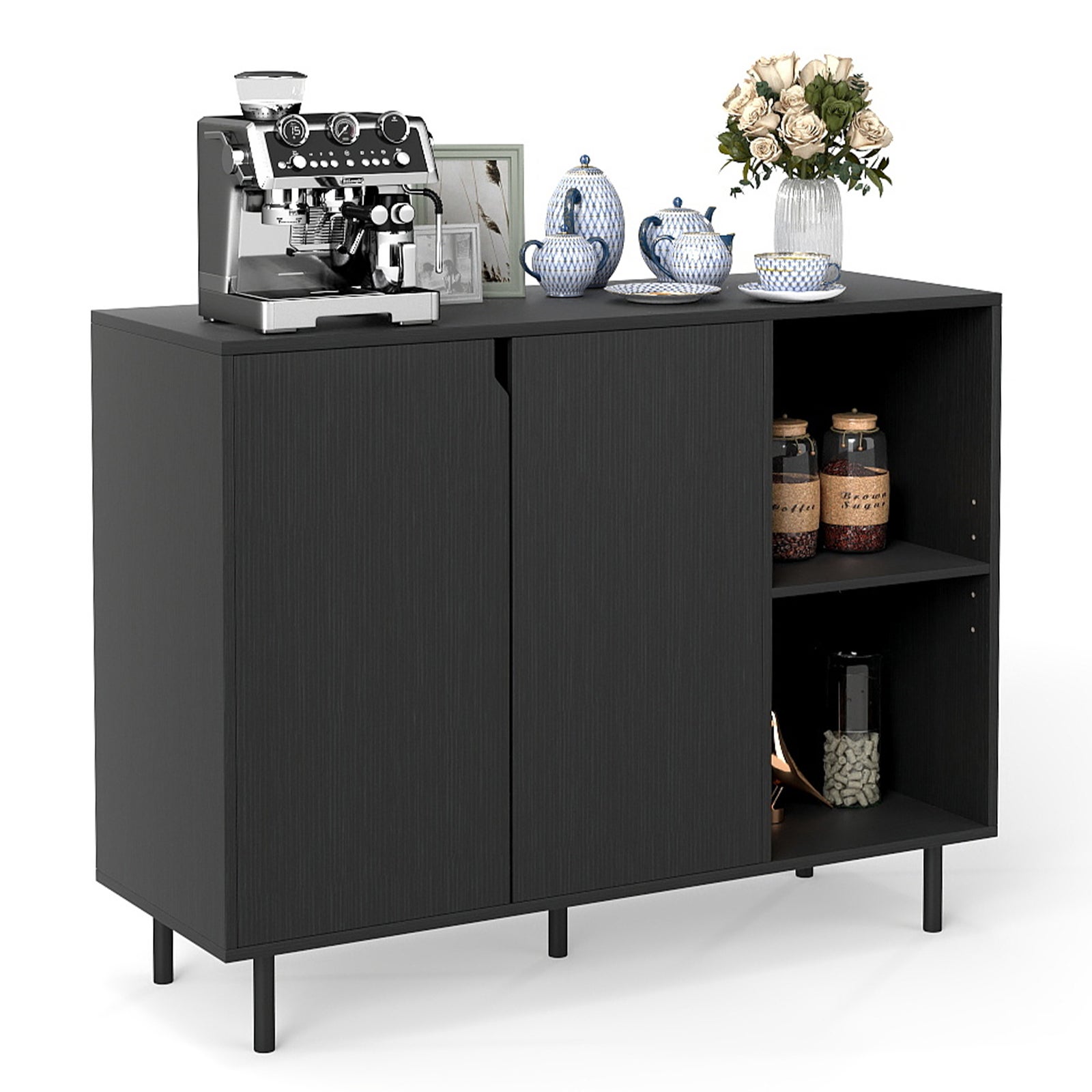 Buffet Cuisine GIANTEX 2 Portes Vitrées Coulissantes - Armoire Rangement 107x33x64 Cm Noir