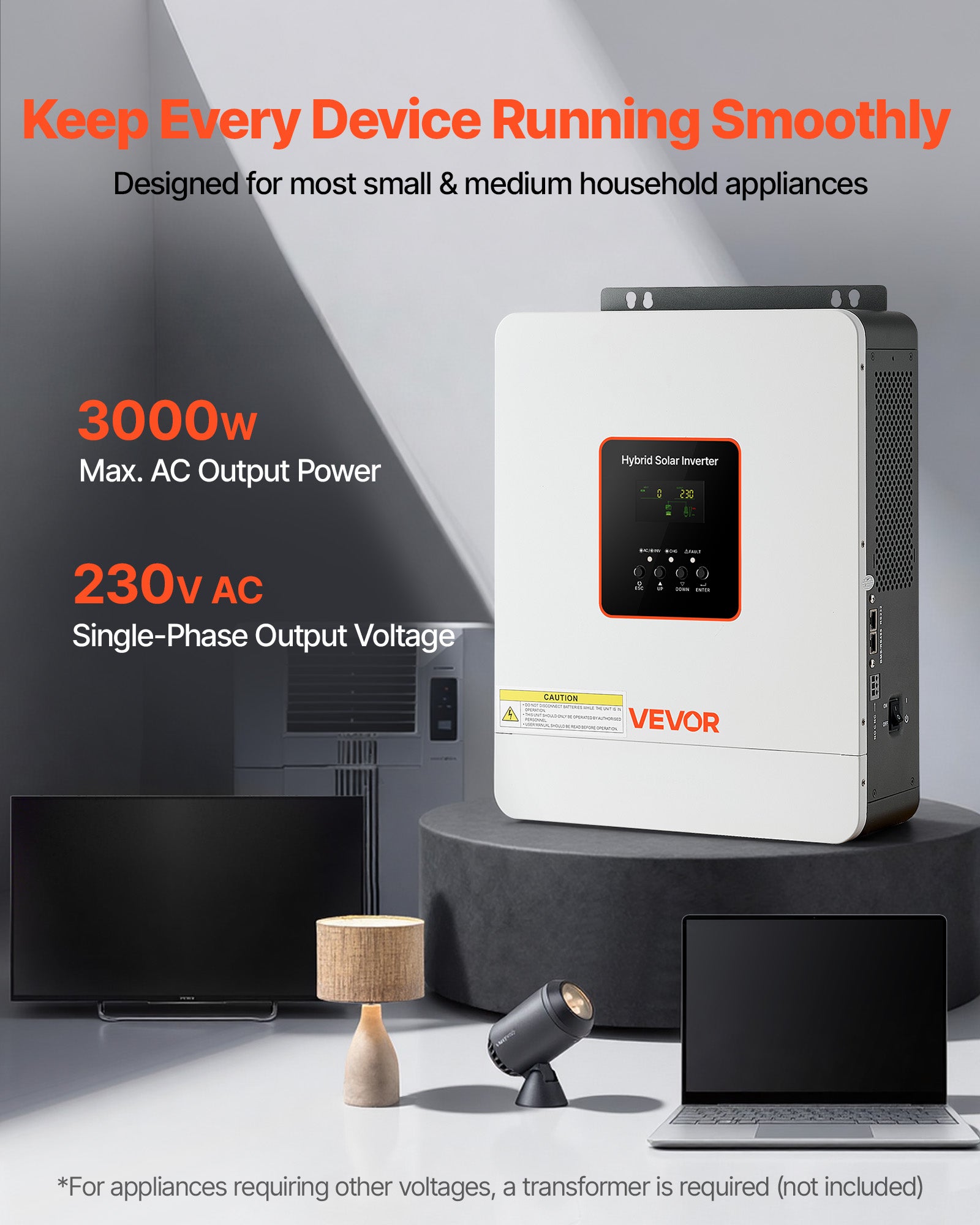 Inversor híbrido VEVOR 3000W, inversor solar híbrido de 24V DC a 230V AC, compatível com baterias de lítio-chumbo-ácido para sistemas fora da rede - 2
