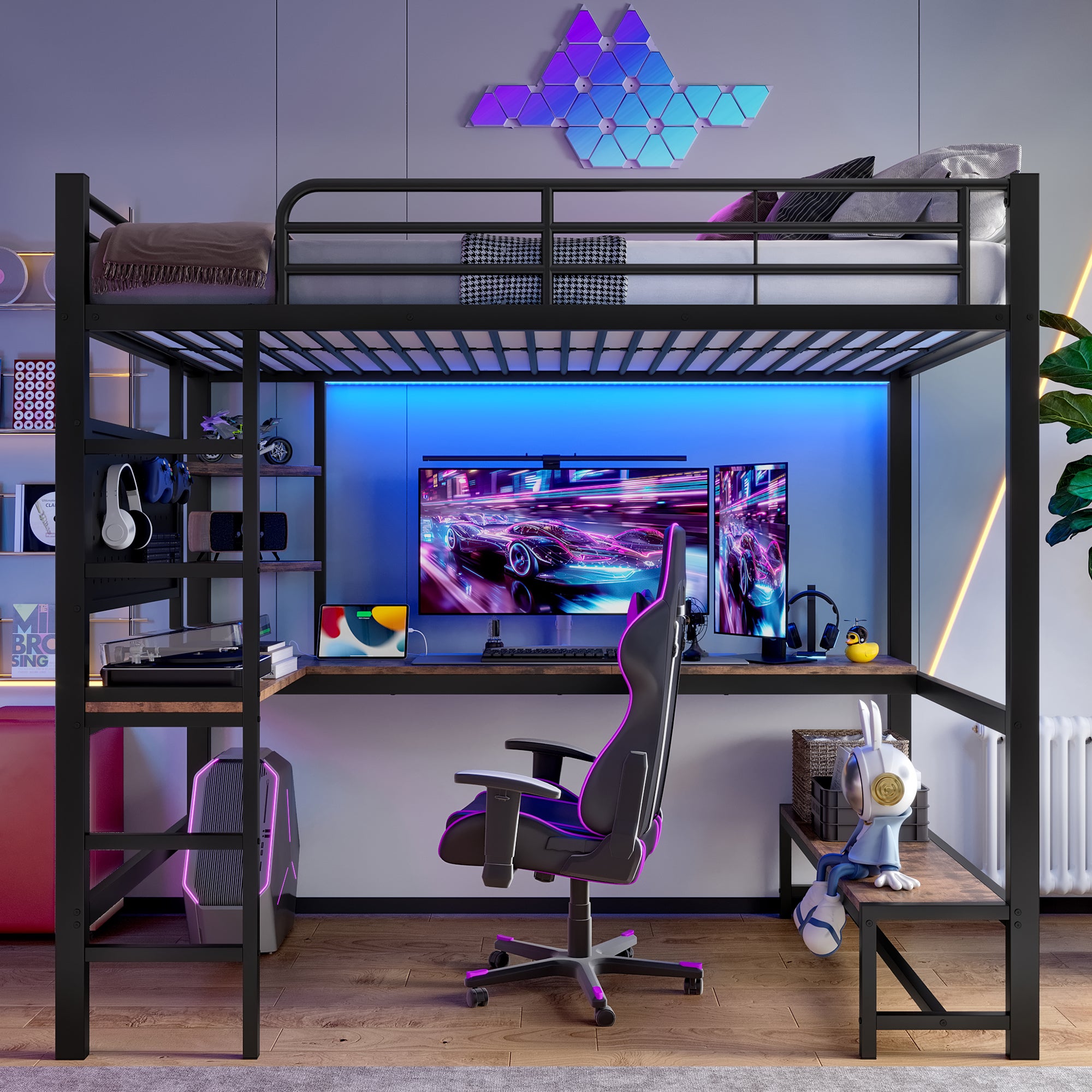 Łóżko antresola 90x200cm - z biurkiem + barierką - z gniazdami USB + Type-C - z oświetleniem LED - czarne