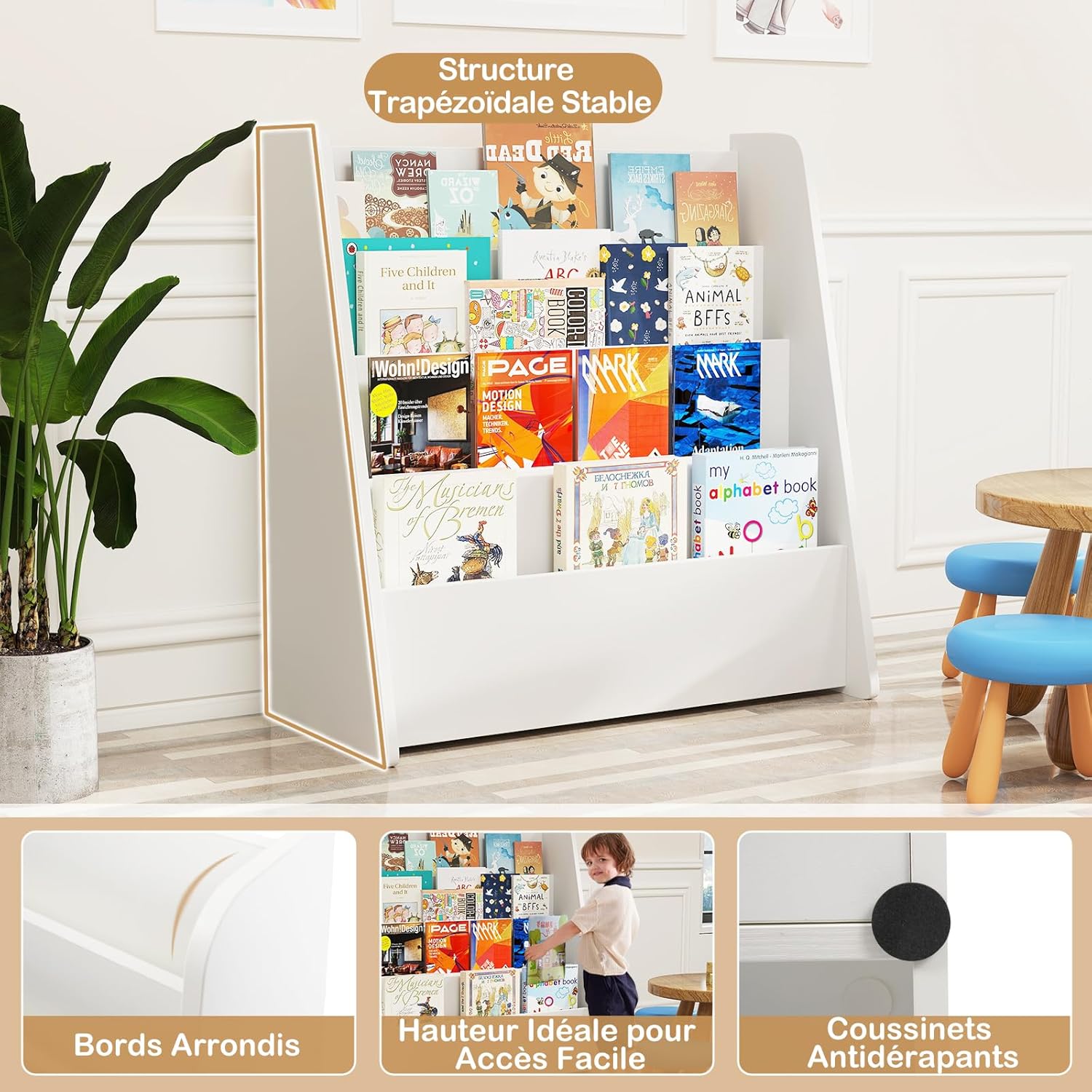 Estante infantil em madeira com 4 níveis, estante com compartimentos abertos, expositor Estante para Quarto Infantil (Branco) - 5