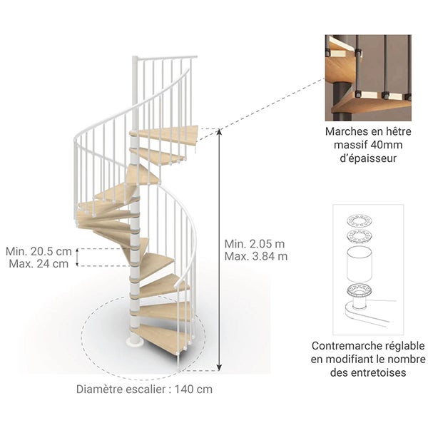 Escalier colimaçon 15 marches - Haut. à franchir 3.08 à 3.60m - Diam. 140cm - Struct. blanche et marche naturel - Trémie ronde - PHOLA140/SBMNAT-15 - 2