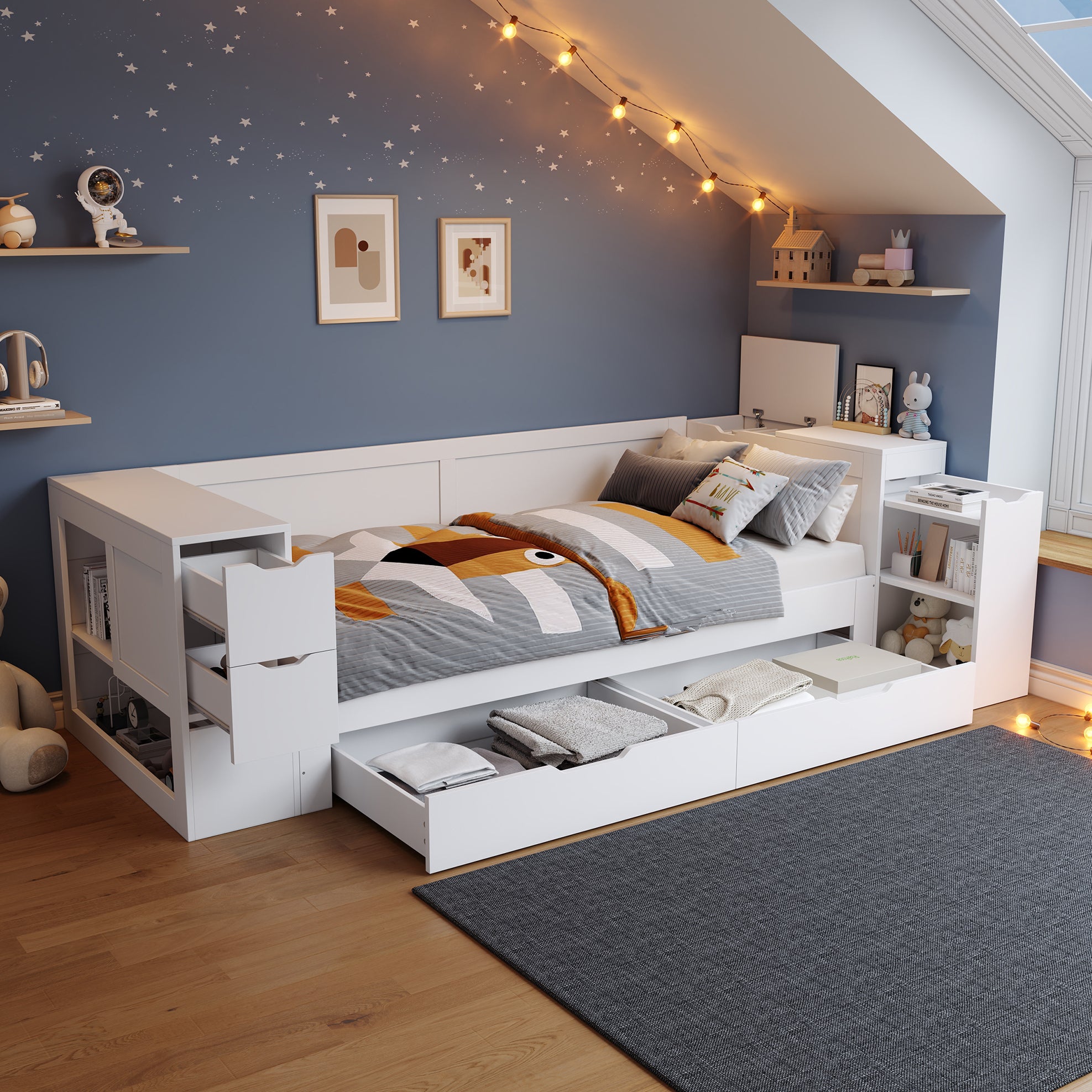 Cama diván infantil 90 × 200 cm con cajones, almacenaje y mesita, sin ...