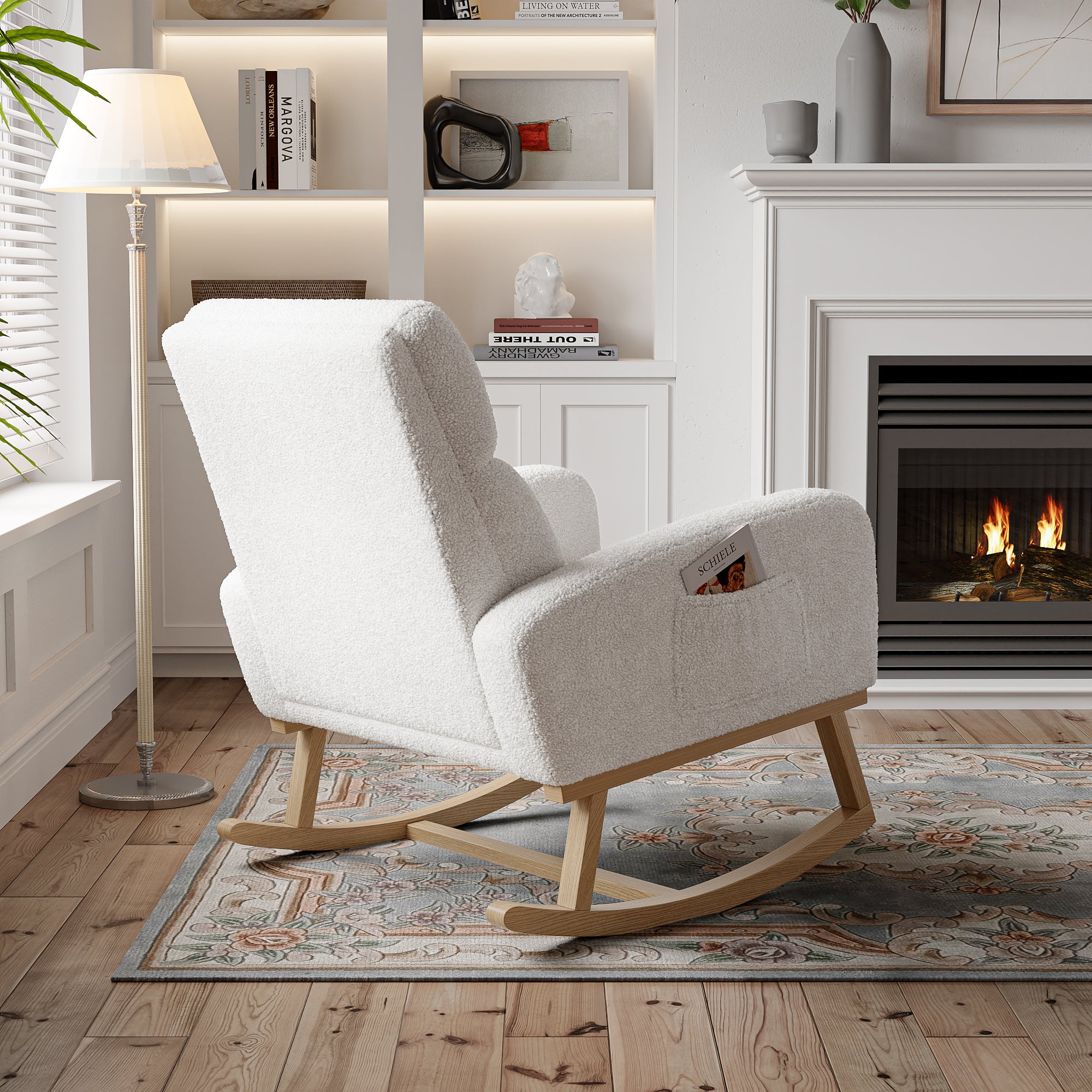 Fauteuil à bascule, fauteuil de relaxation, avec poches et pieds en bois,velours Teddy beige - 3