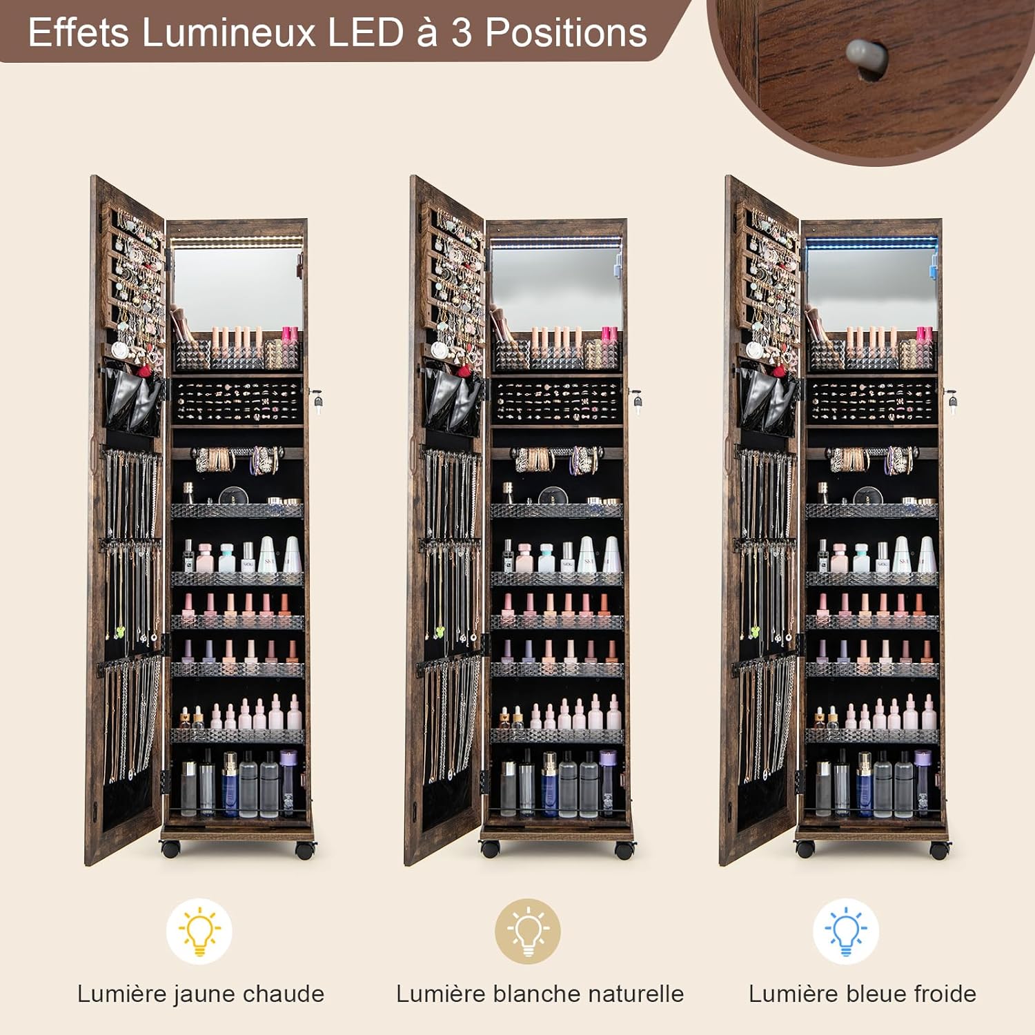 Armoire à Bijoux Mobile avec Miroir Pleine Longueur-avec Serrure-Lumières Led 3 Couleurs-Miroir de Courtoisie Intégré Café - 6