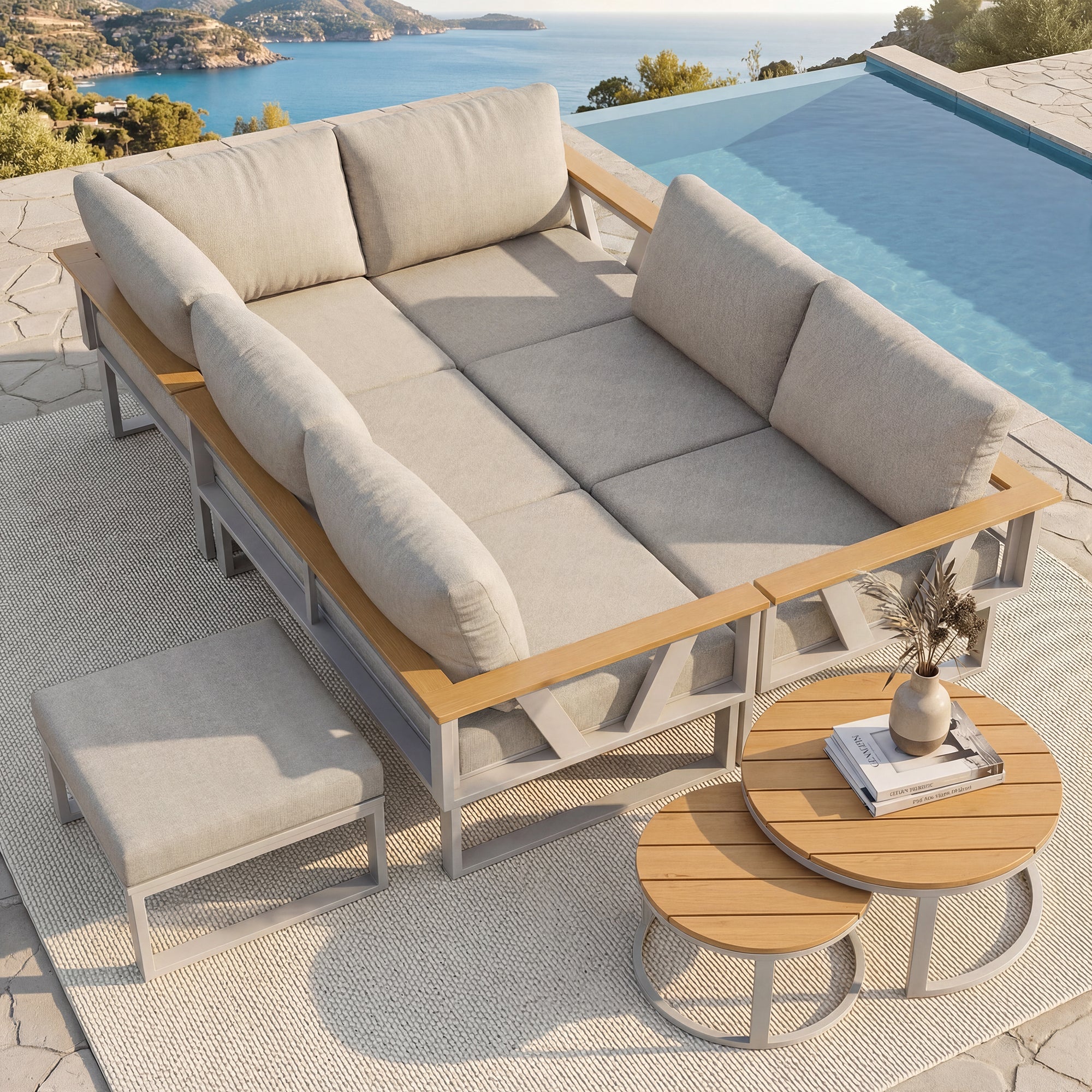 Salon de jardin modulable en fer 6 places : 1 canapé 3 places + 1 canapé 2 places + 1 fauteuil + 1 tabouret + tables basses gigognes - Beige - 3