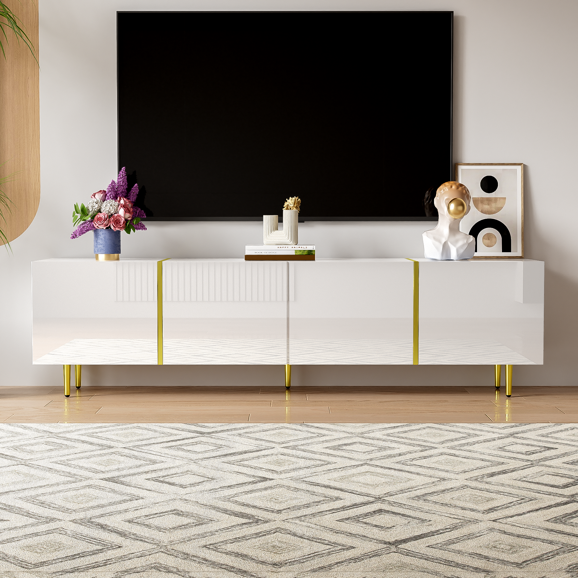 Nowoczesna szafka RTV z 4 drzwiami - 170 x 35 x 46 cm - drewno MDF - połyskująca biel i złoto