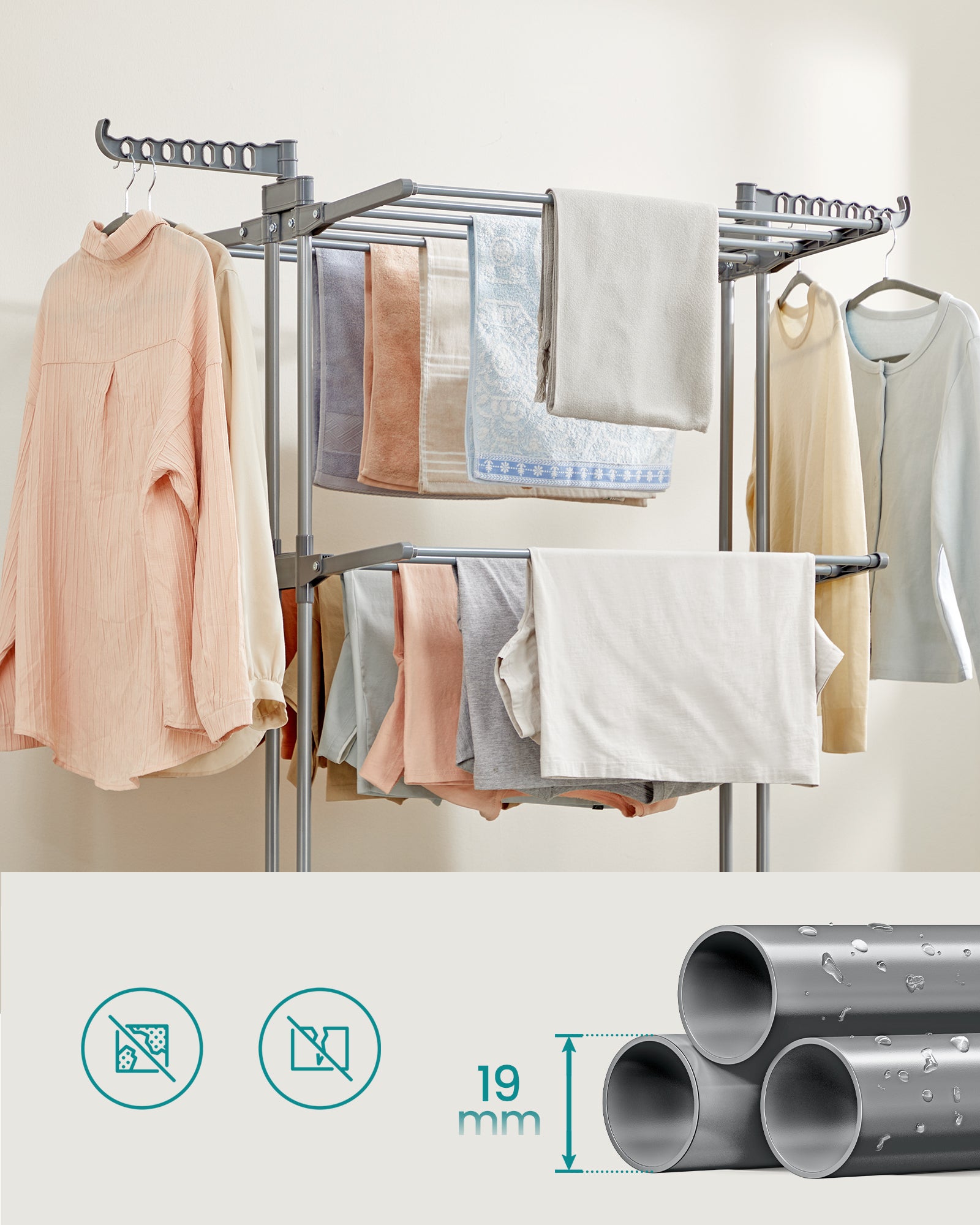 Stendibiancheria, Stendino Pieghevole a 4 Livelli con Ruote e Ali Richiudibili, 63,5 x 125,5 x 173 cm, Grigio - 4
