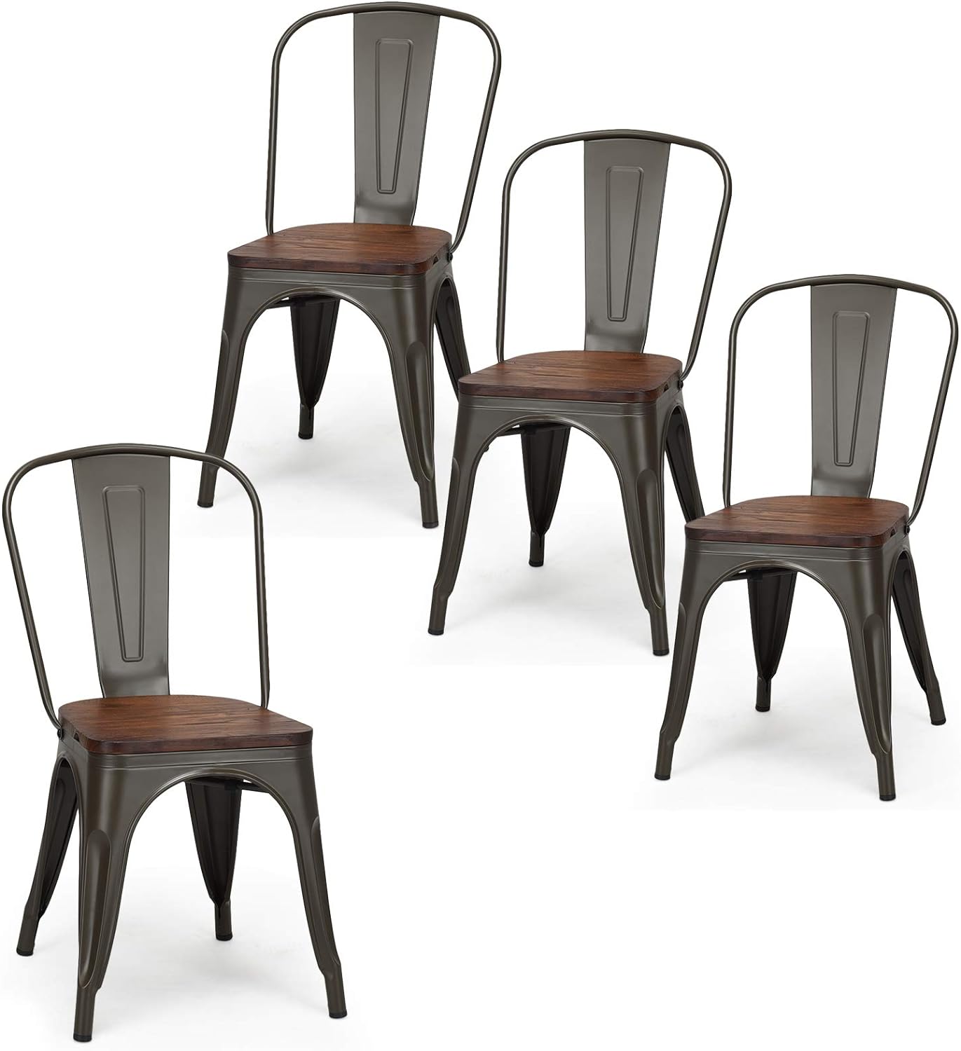 Lot de 4 Chaises en Métal Salle à Manger avec Assise en Bois d'Orme de Epaisseur 2cm, Style Industriel,Tabouret Empilable,Charge 150KG,Vintage - 9