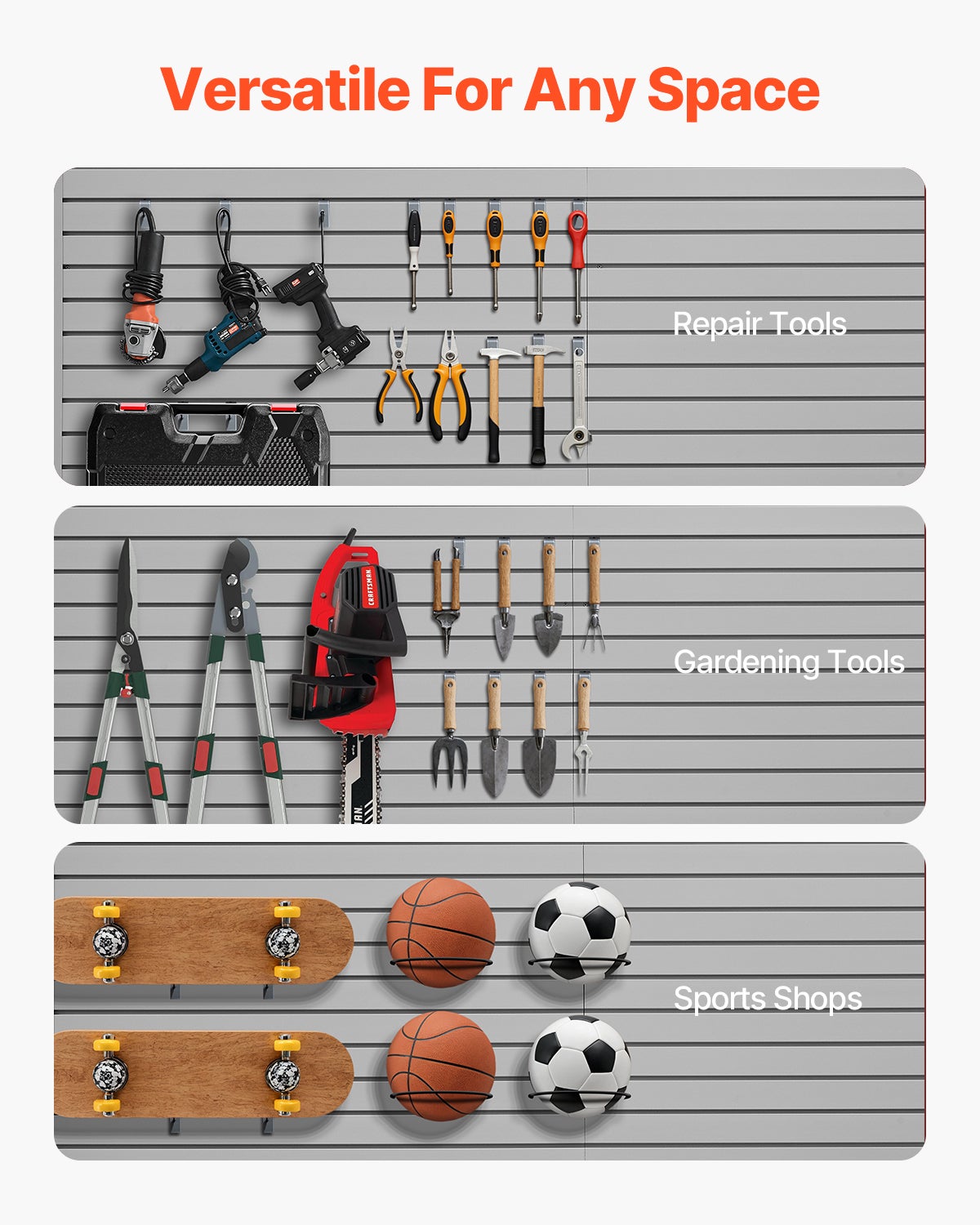 Panneau à Lattes VEVOR Mural Garage, 1225x2450 mm, Panneau Rangement Outils en PVC avec Conception Modulaire, Porte-outils Muraux pour Affichage - 5