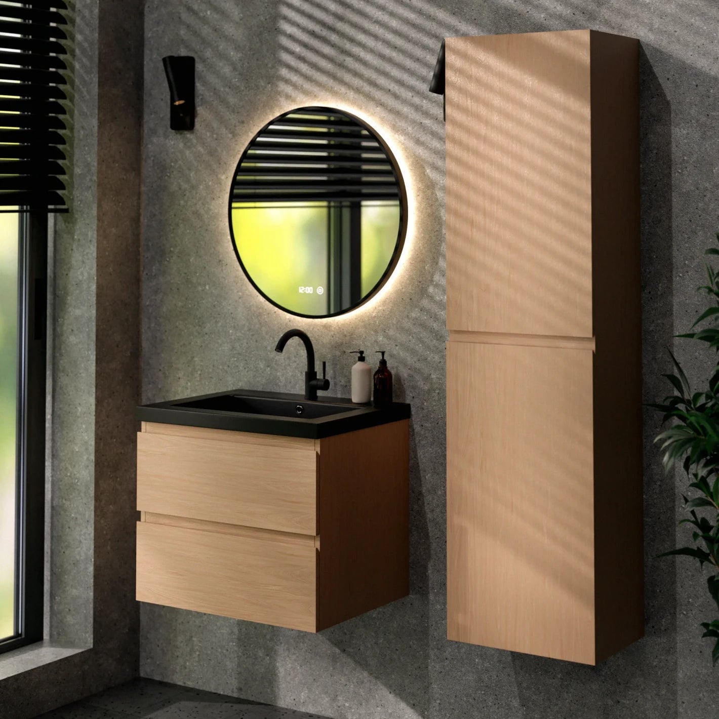 Mirlux Meuble vasque Karo - 60 cm - Chêne clair - Vasque noire - 6