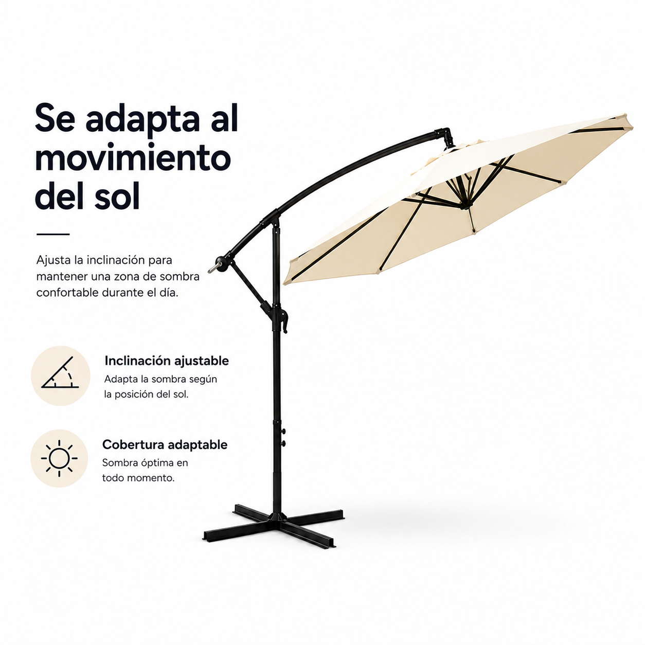 Parasol latéral 3 mètres inclinable 360° avec mât et manivelle beige sans base - 4