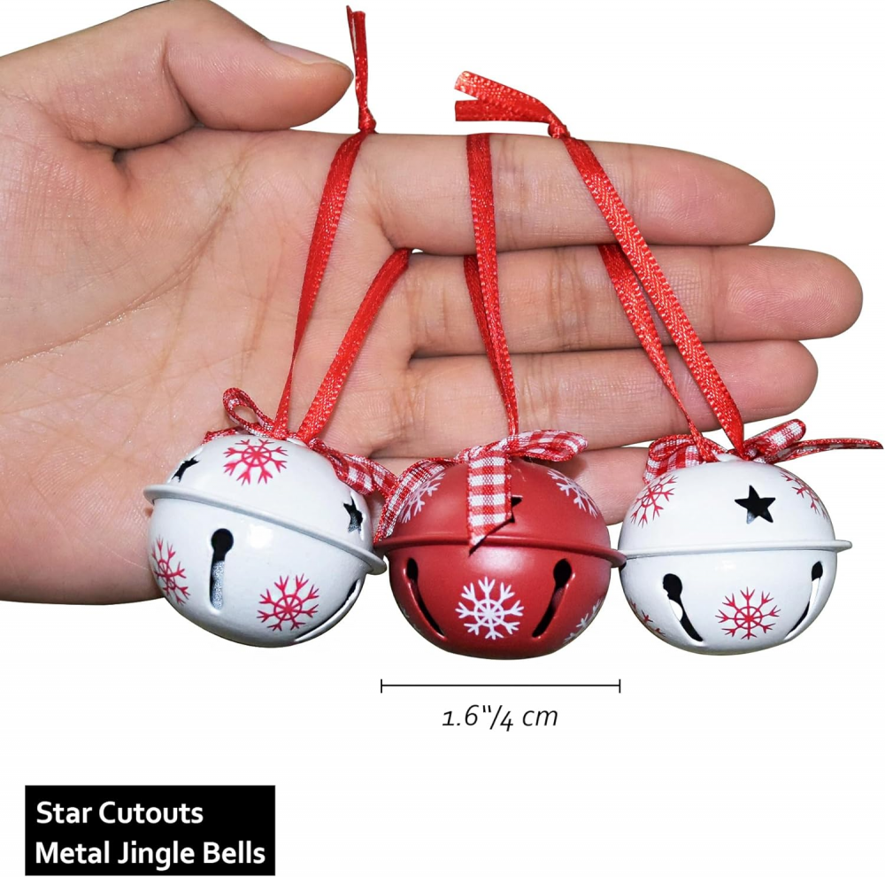 Conjunto de 12 sinos de Natal e guizos, enfeites para árvore de Natal, padrão de floco de neve, pingentes de sino vermelhos e brancos. - 3